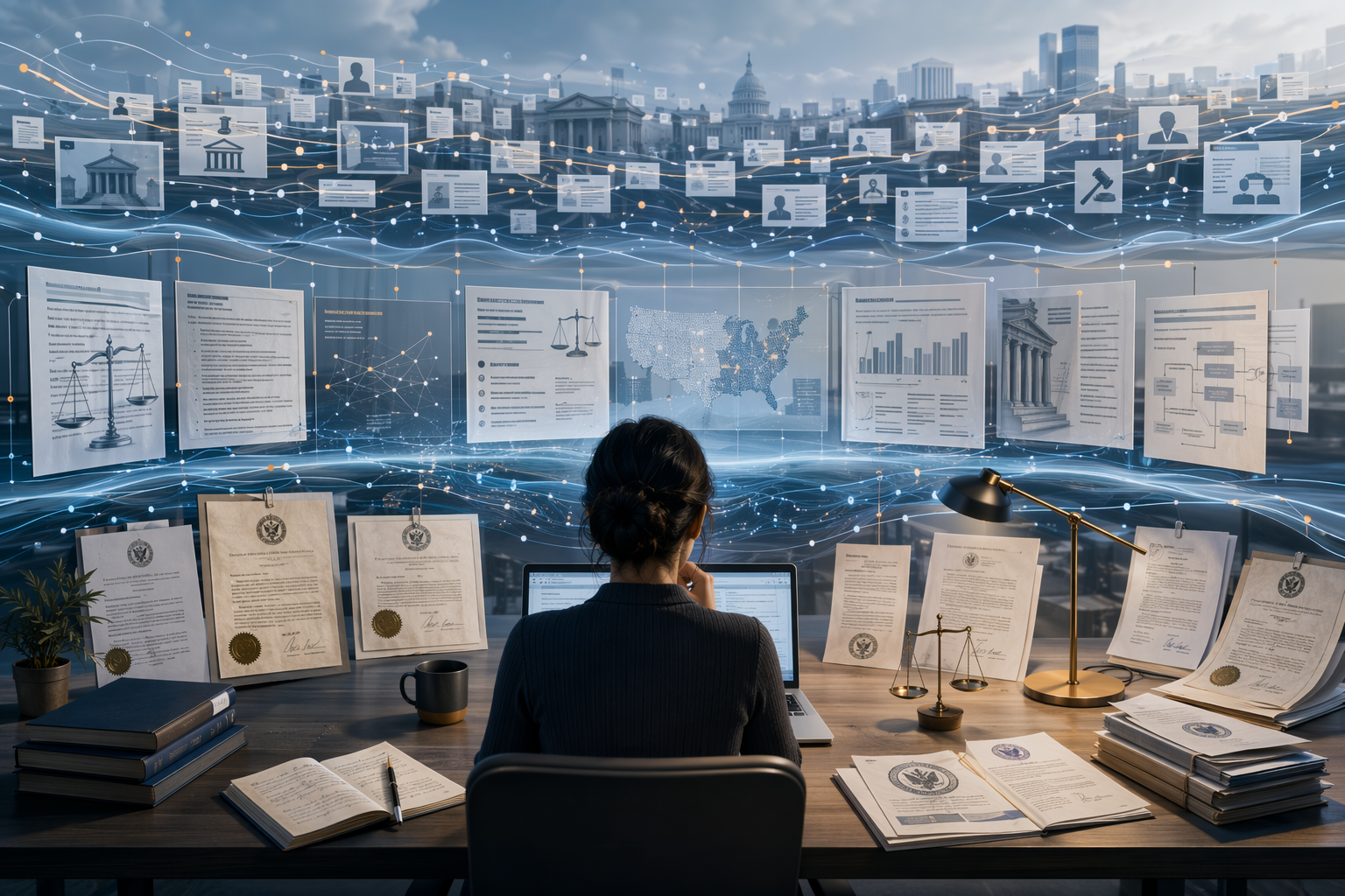 Legal researcher navigating layered AI copyright litigation resources, docket entries, legal analysis, and government materials