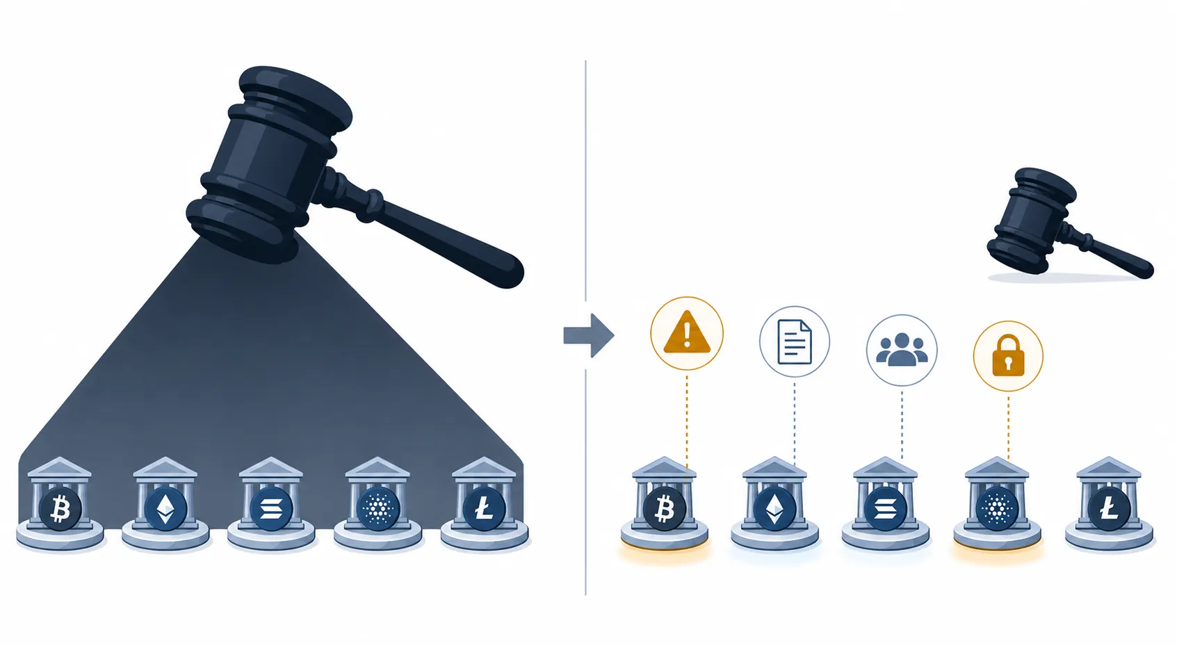 Compliance risk framework shifting from one broad gavel shadow to specific trigger points for fraud, disclosures, user metrics, and custody
