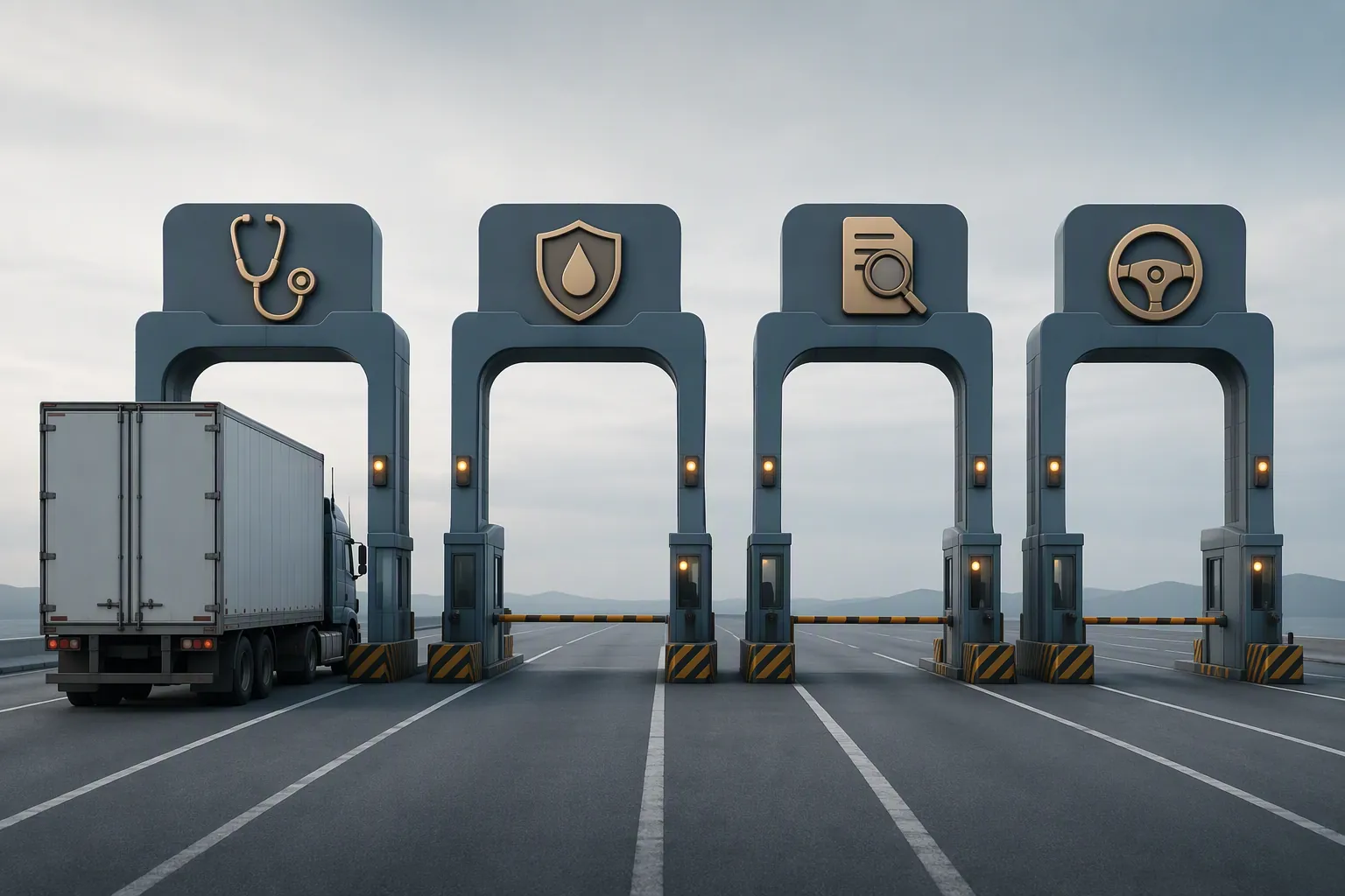 A semi-truck stopped before checkpoint gates marked with medical, drug screening, document review, and driving symbols.