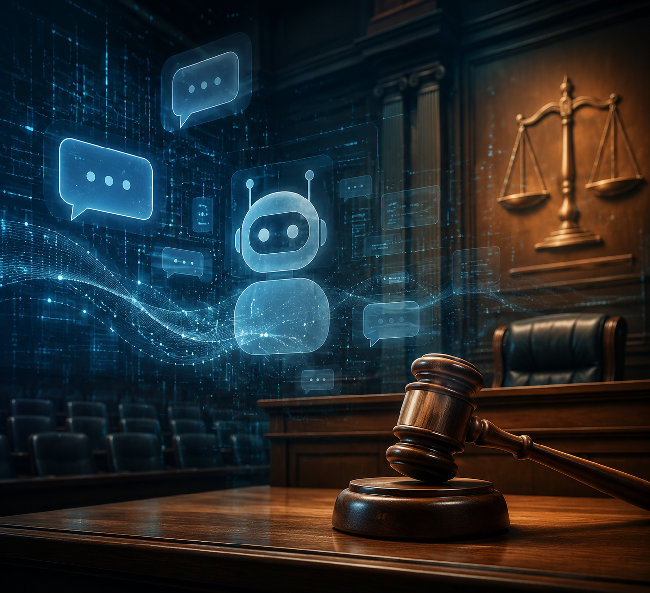 Courtroom bench and gavel with digital chatbot interface elements floating behind them