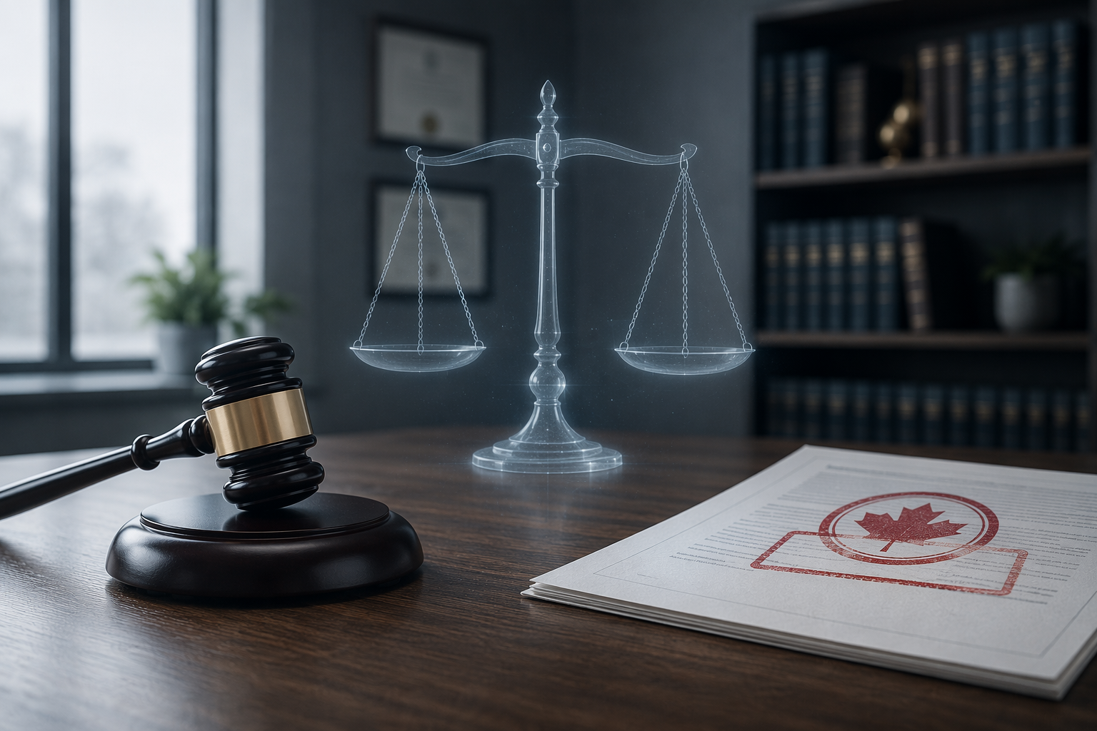 A Canadian court gavel beside a CFIA recall notice with a red recall stamp and a scale of justice in a law office