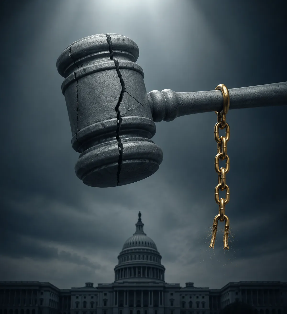 Cracked stone gavel above a dark government building with a broken gold chain symbolizing a weak enforcement mechanism