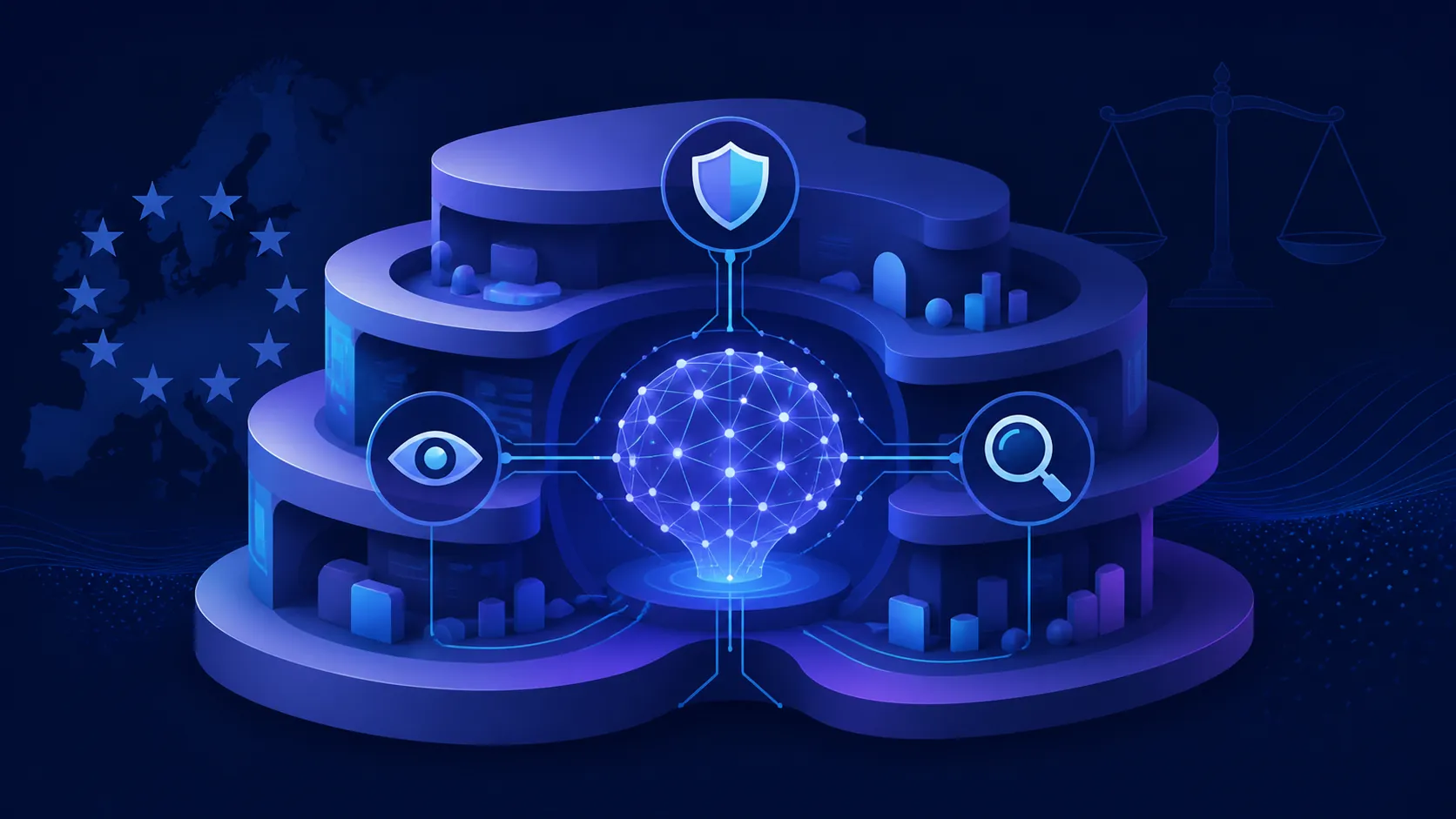 AI system embedded inside a layered platform structure with oversight symbols