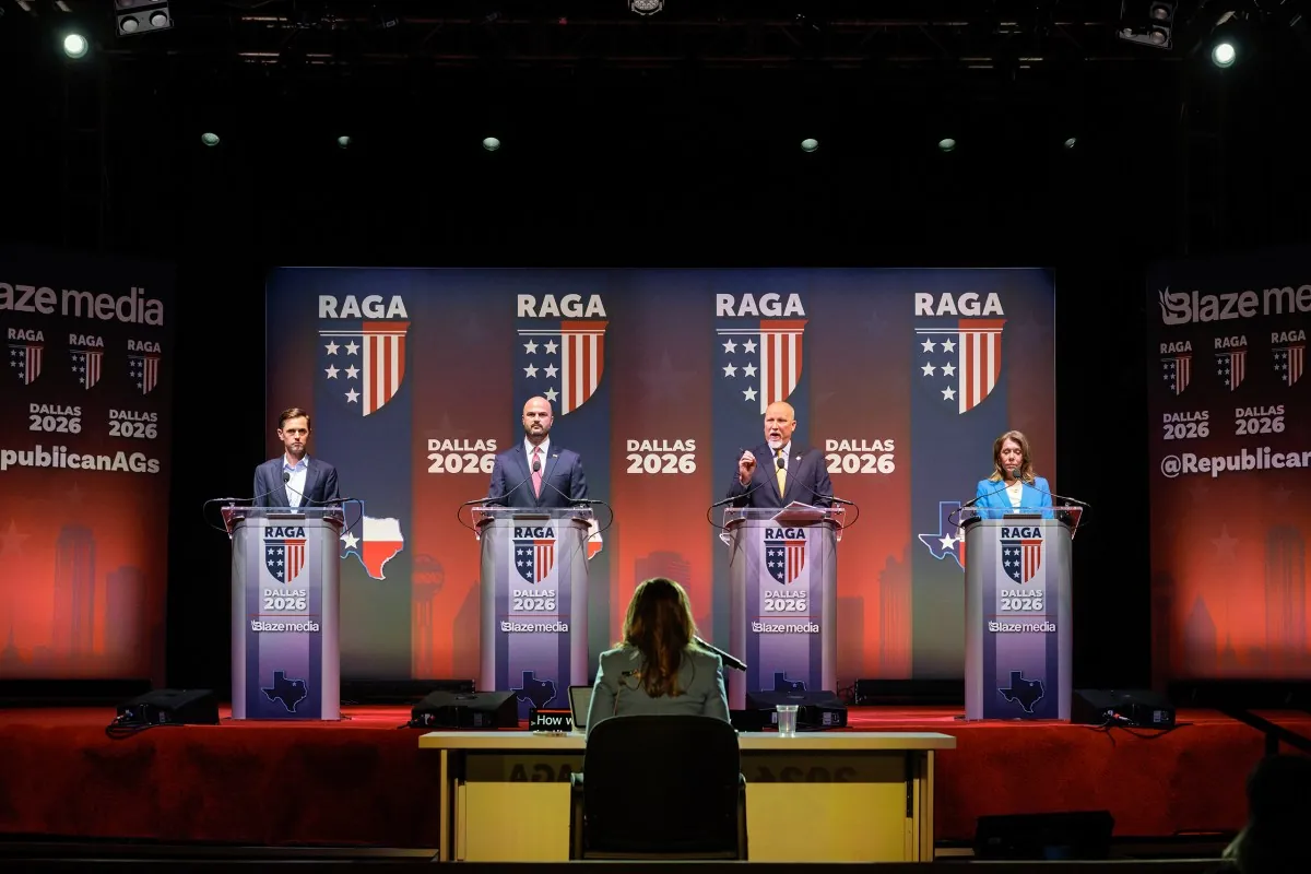 Four Republican Texas attorney general candidates standing at podiums during the Feb. 17, 2026 primary debate in Dallas