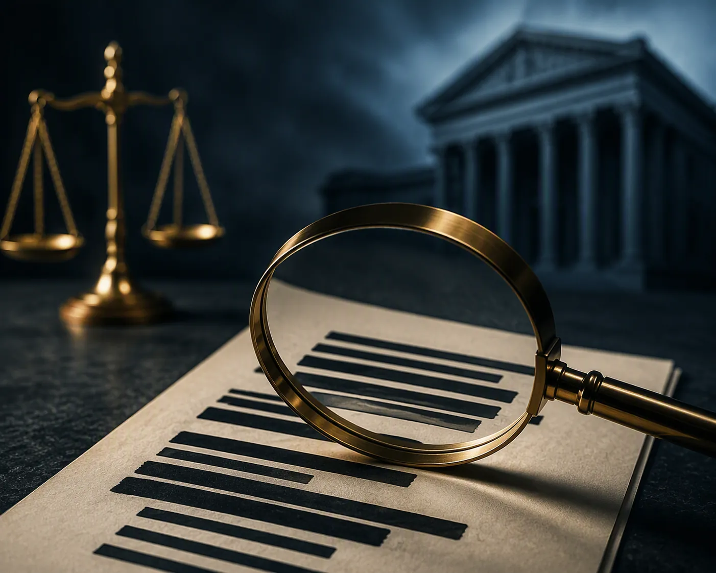 Redacted legal document under a magnifying glass in a bank litigation dispute