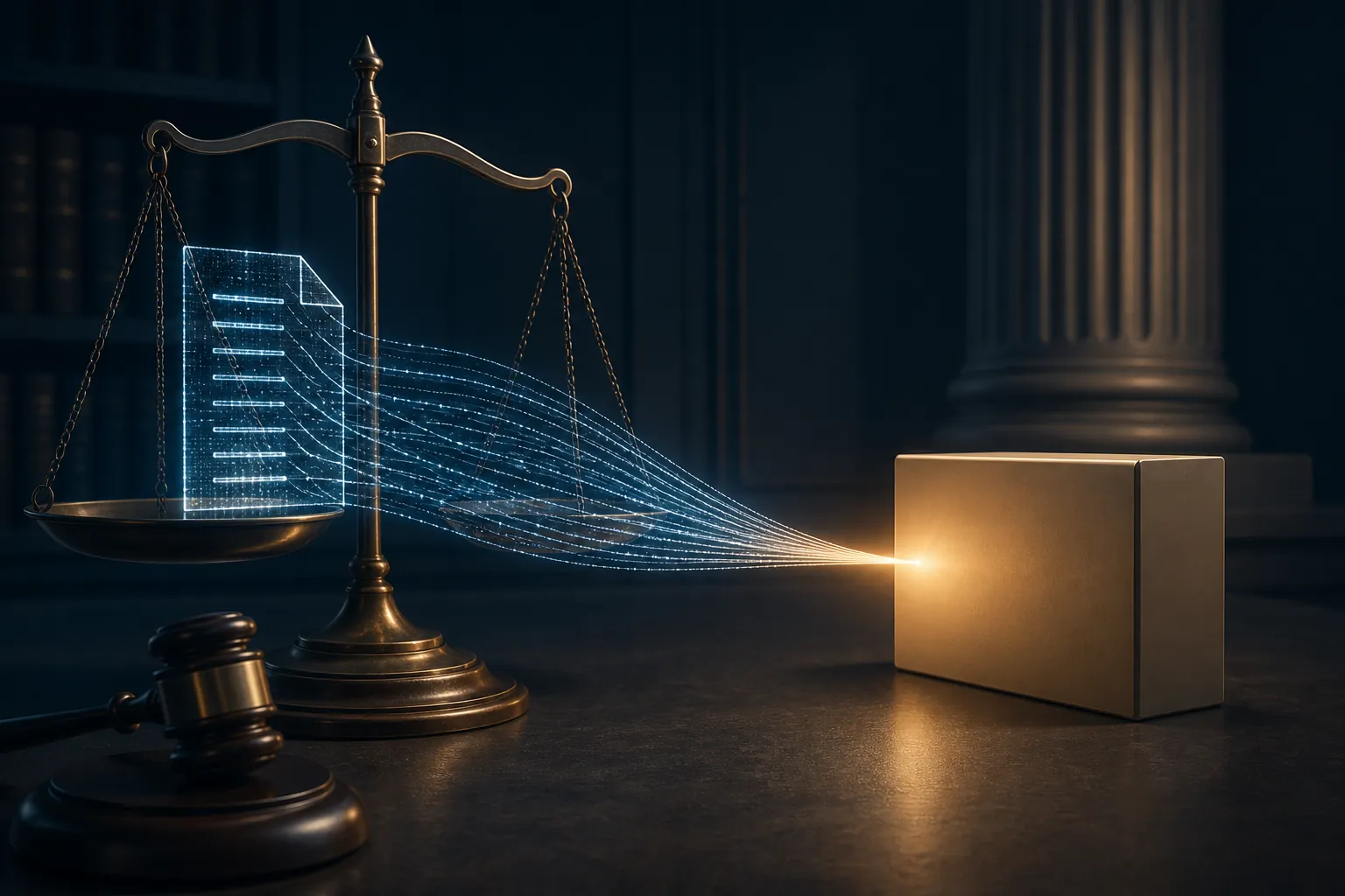 A courtroom scene with a justice scale, gavel, and digital document being attributed to a single provider
