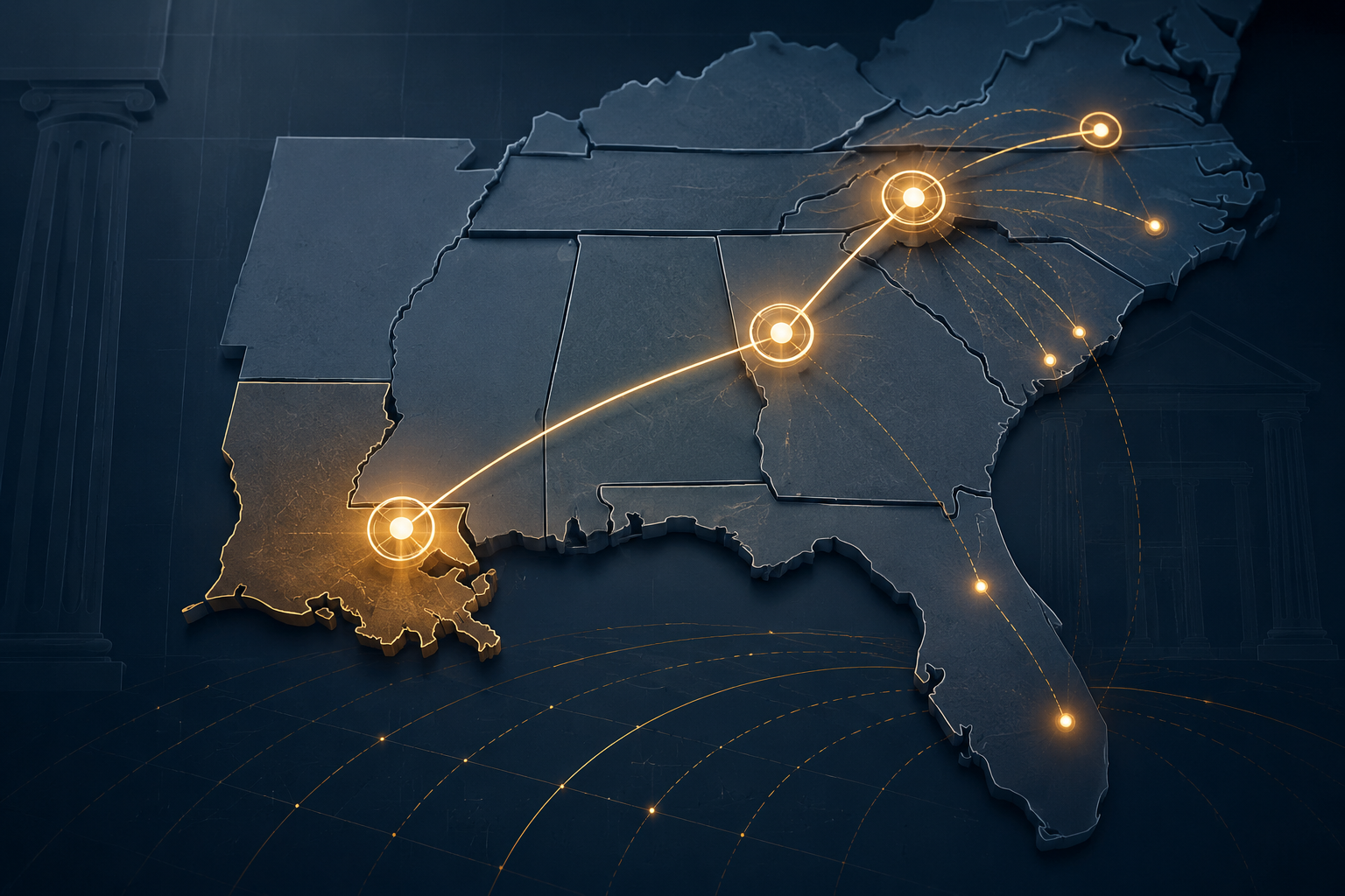 Stylized map of southeastern states connected by sequential enforcement action lines