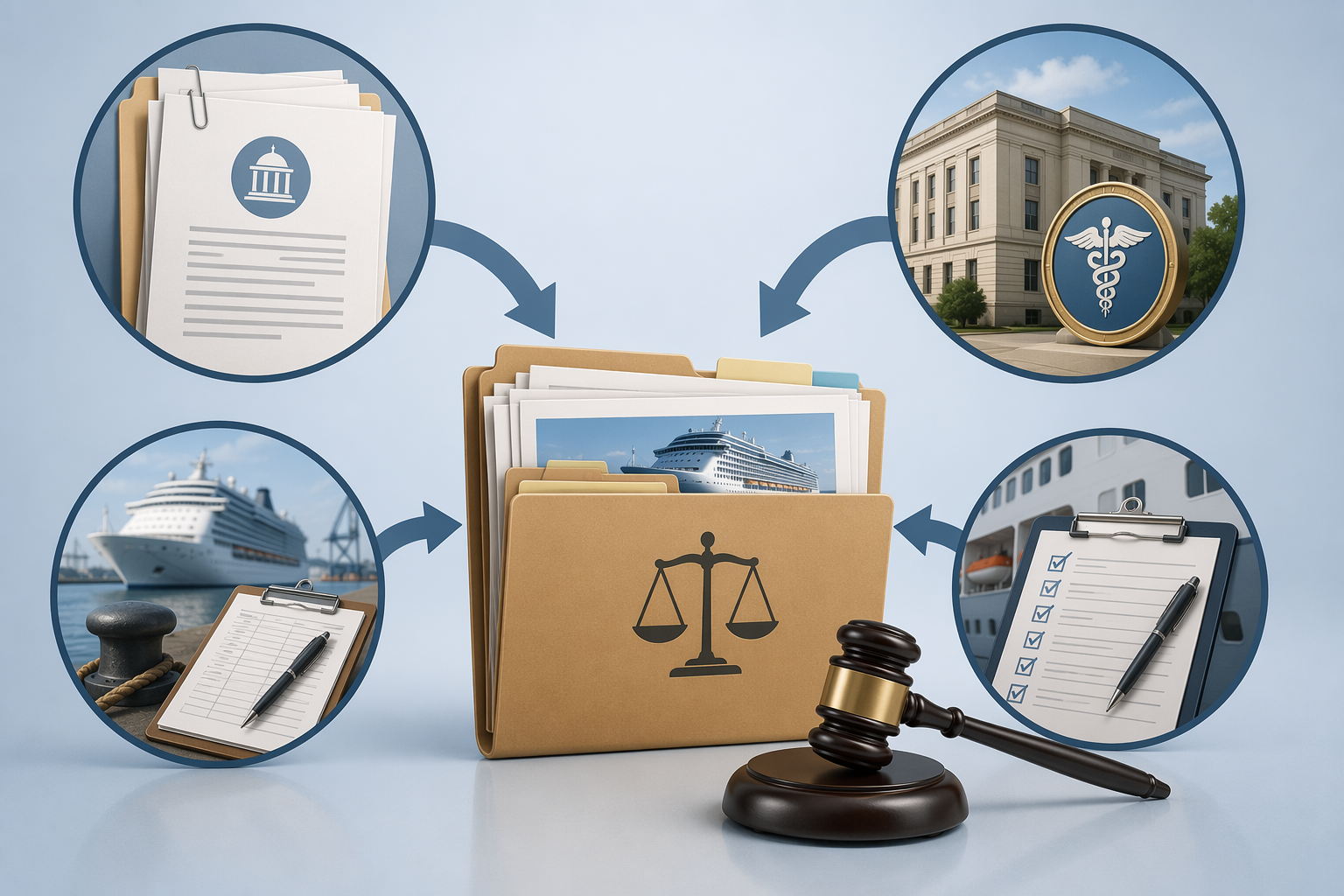 Legal case file receiving records from FOIA, a state health department, a port authority log, and a vessel inspection checklist