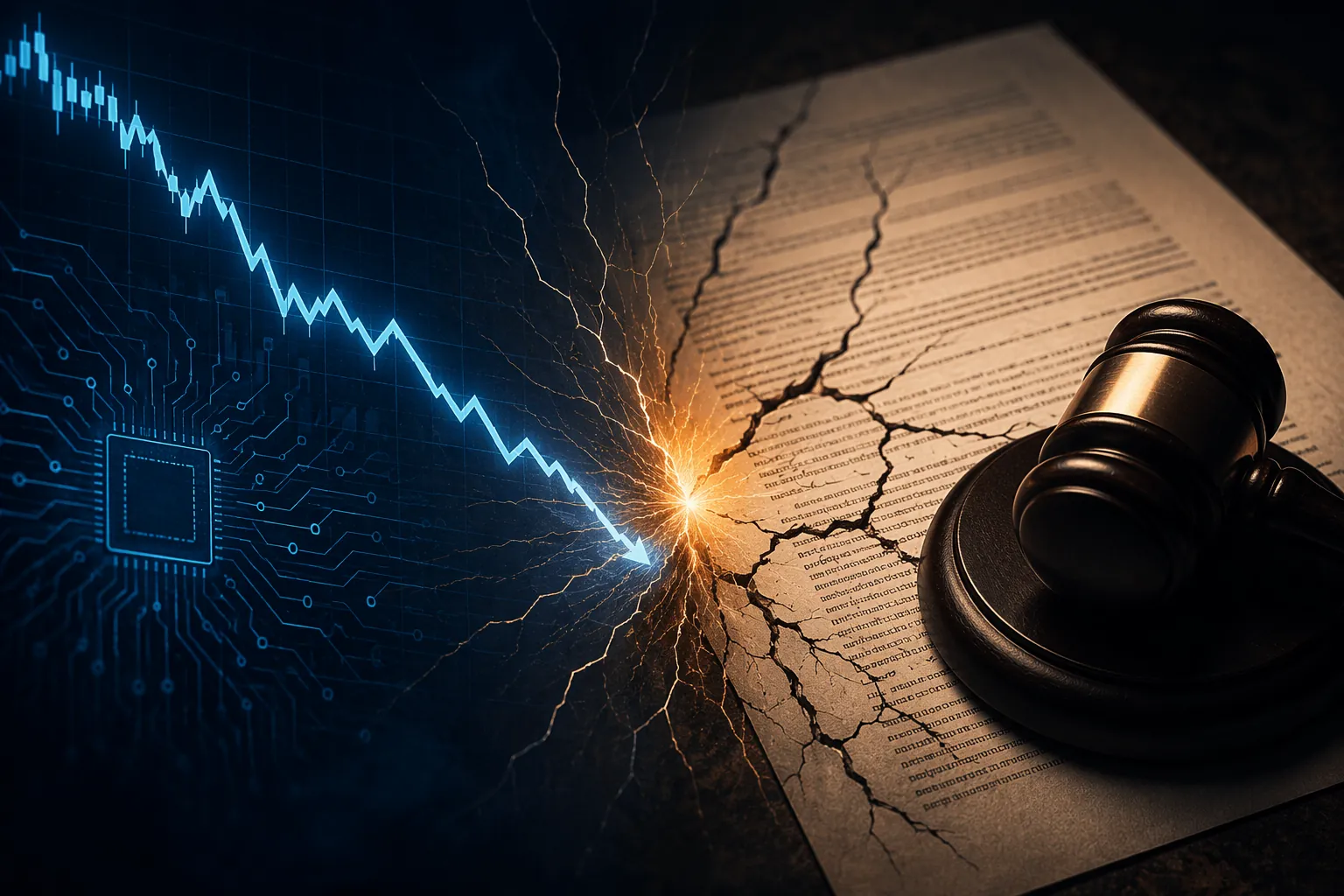 Downward AI stock chart converging with a cracked legal contract and gavel