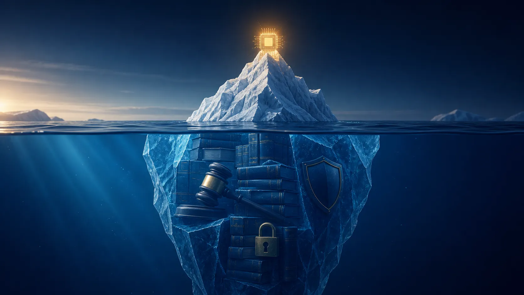 Iceberg illustration showing a small AI chip above water and a large submerged legal verification layer below