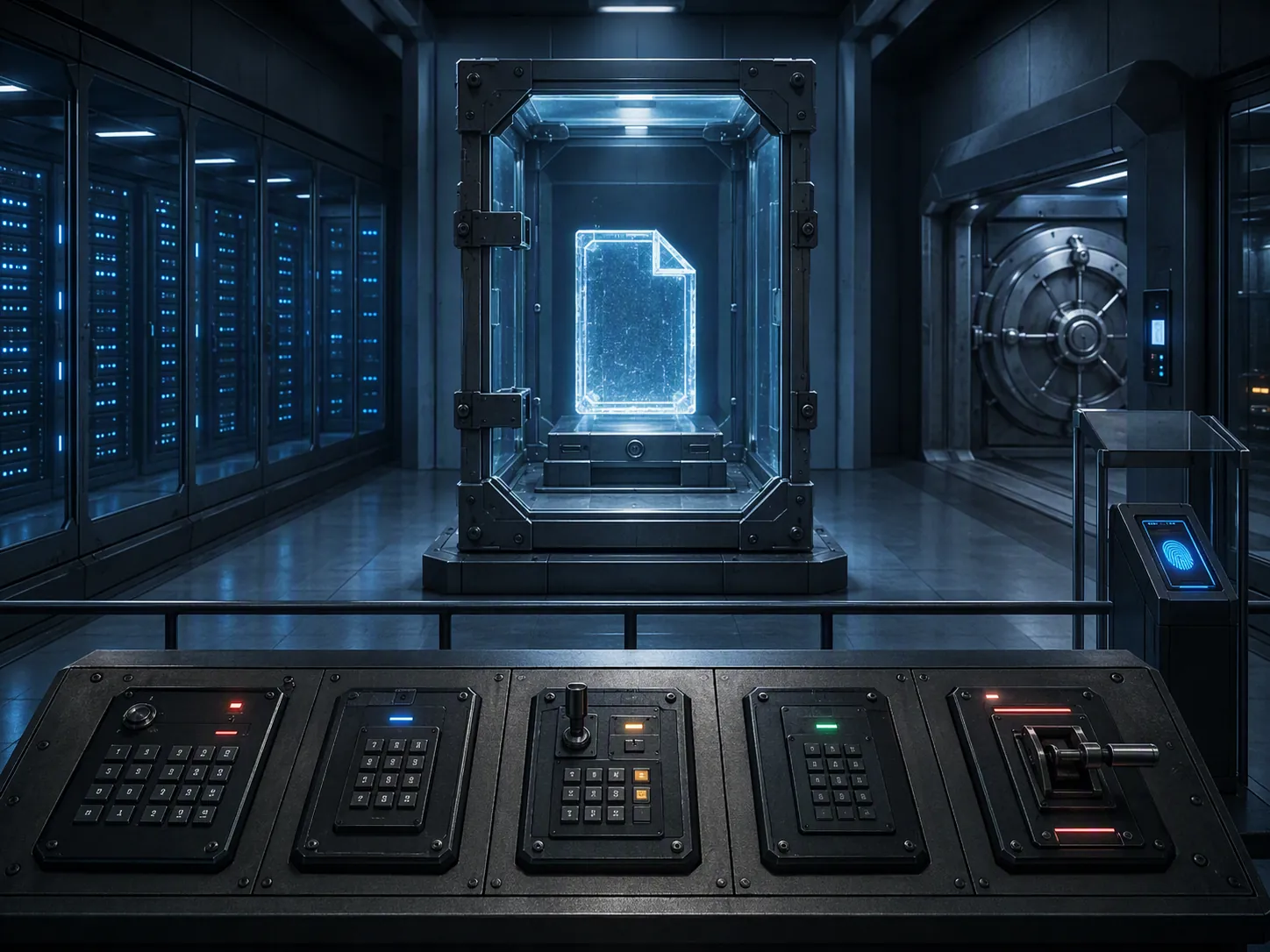 Airgapped SCIF-style data center with multi-key controls and a sealed file-shaped object in a secure vault