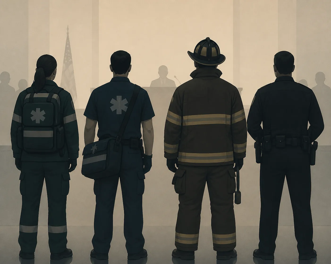Paramedic, EMT, firefighter, and police officer shown as separate first-responder roles