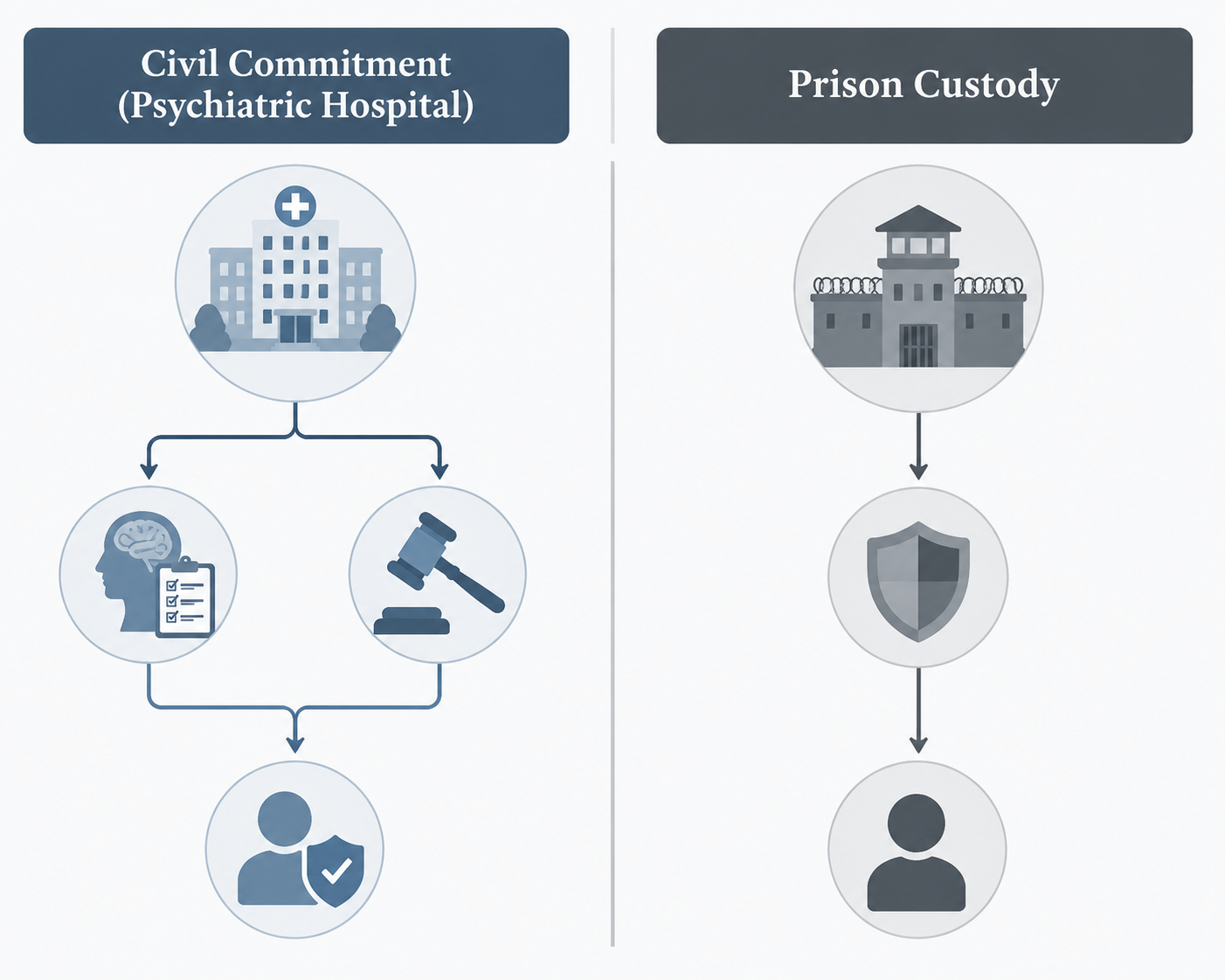 Diagram comparing civil commitment and prison custody legal pathways for hunger strike decisions