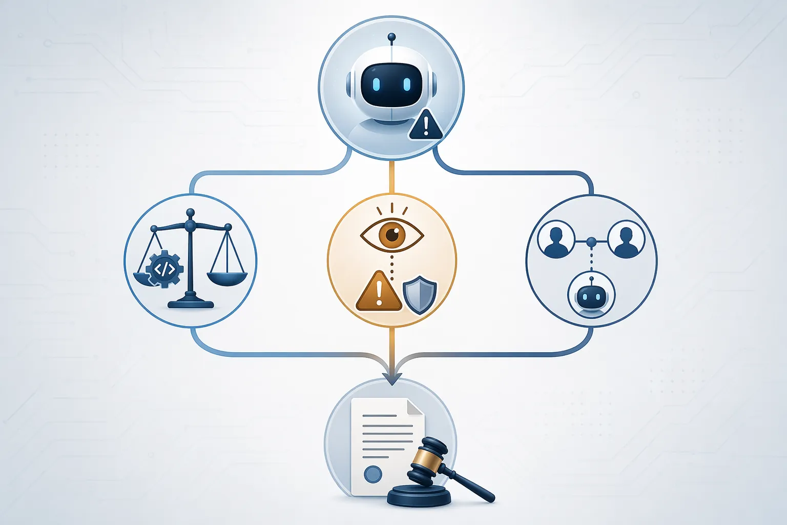 Three legal framework paths branching from an AI incident icon