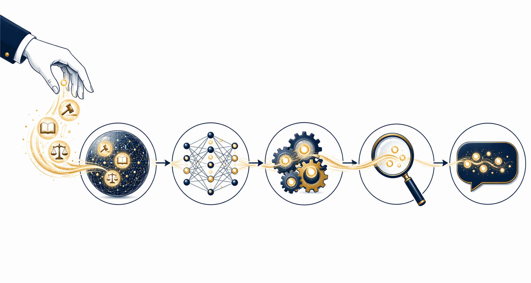 A flow illustration showing legal judgment moving through training data, model architecture, system prompts, user prompt framing, and output.