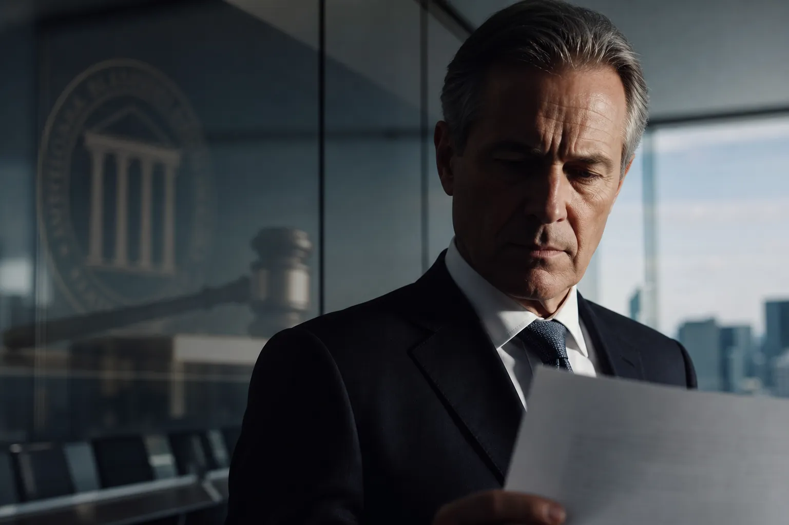 Senior corporate executive holding a legal document in a glass-walled boardroom with courthouse imagery reflected behind them