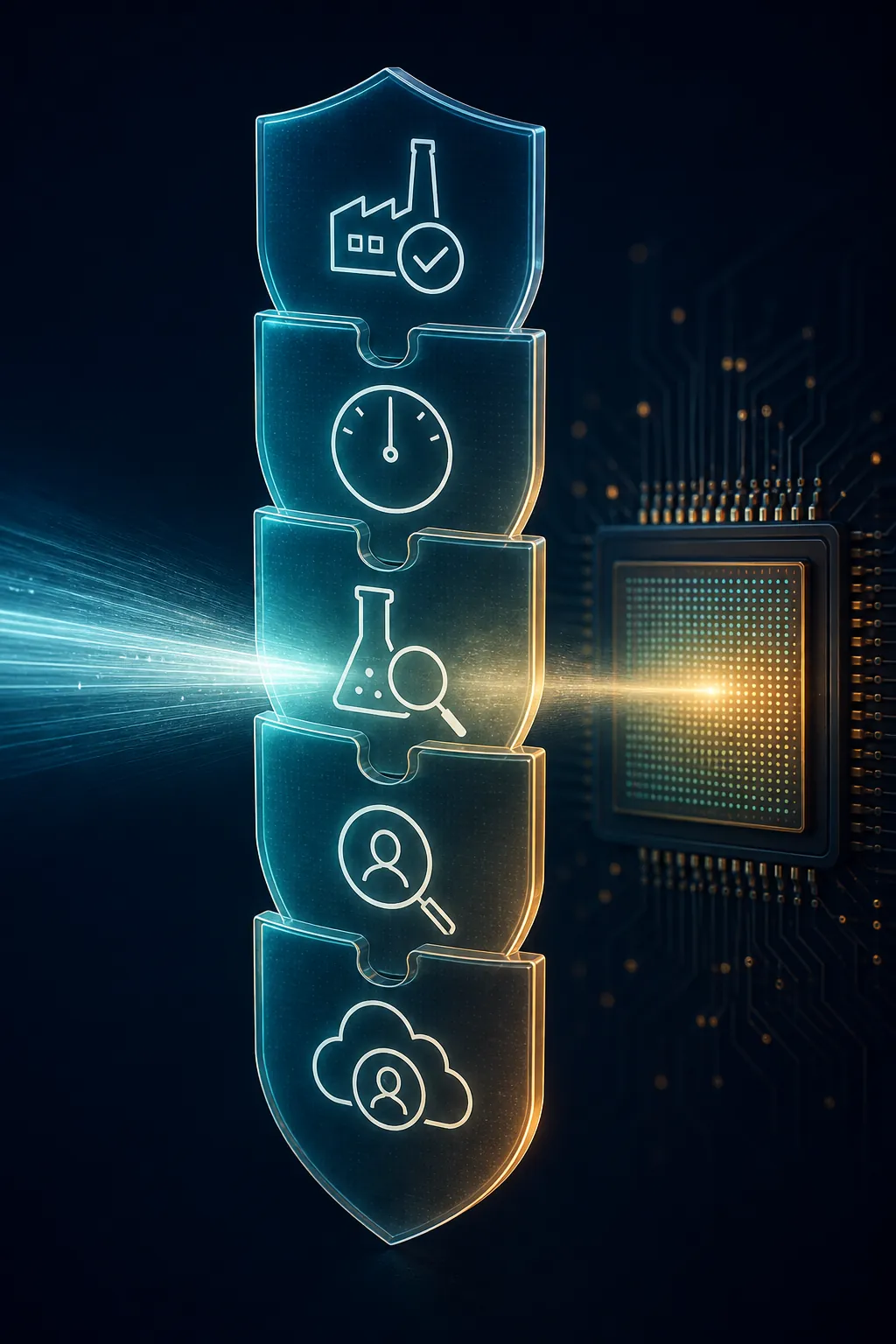 Five translucent security panels showing supply, 50 percent cap, lab testing, user screening, and cloud blocked-user controls in front of a chip