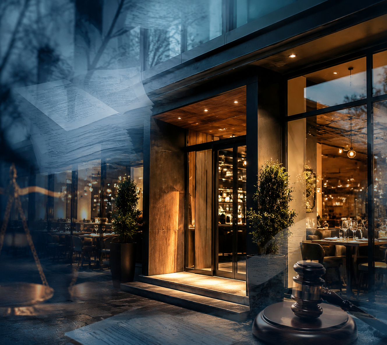 Restaurant entrance framed by legal documents and courtroom imagery