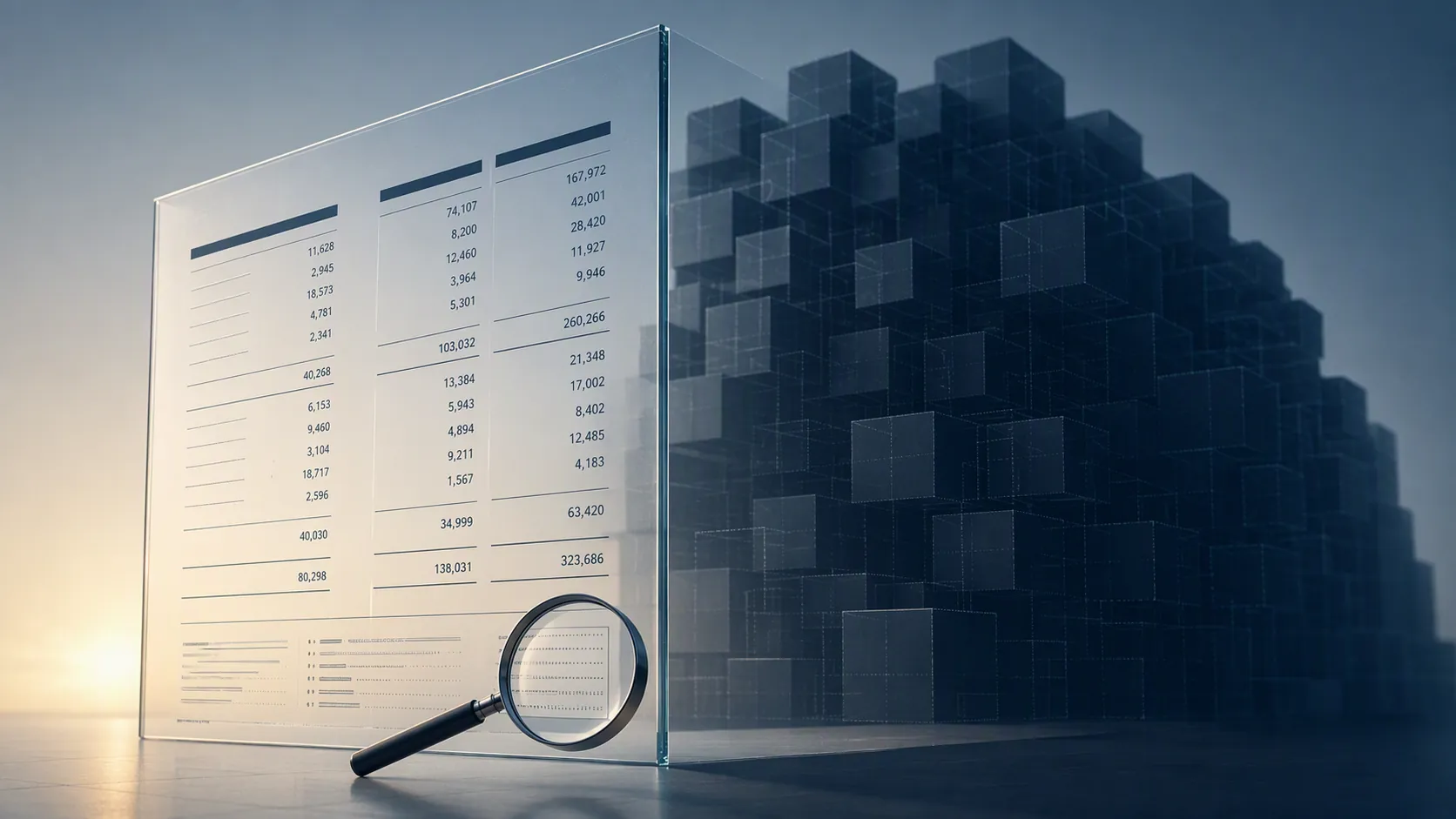 Transparent corporate balance sheet with a large shadow structure suggesting hidden debt and a magnifying glass over a footnote