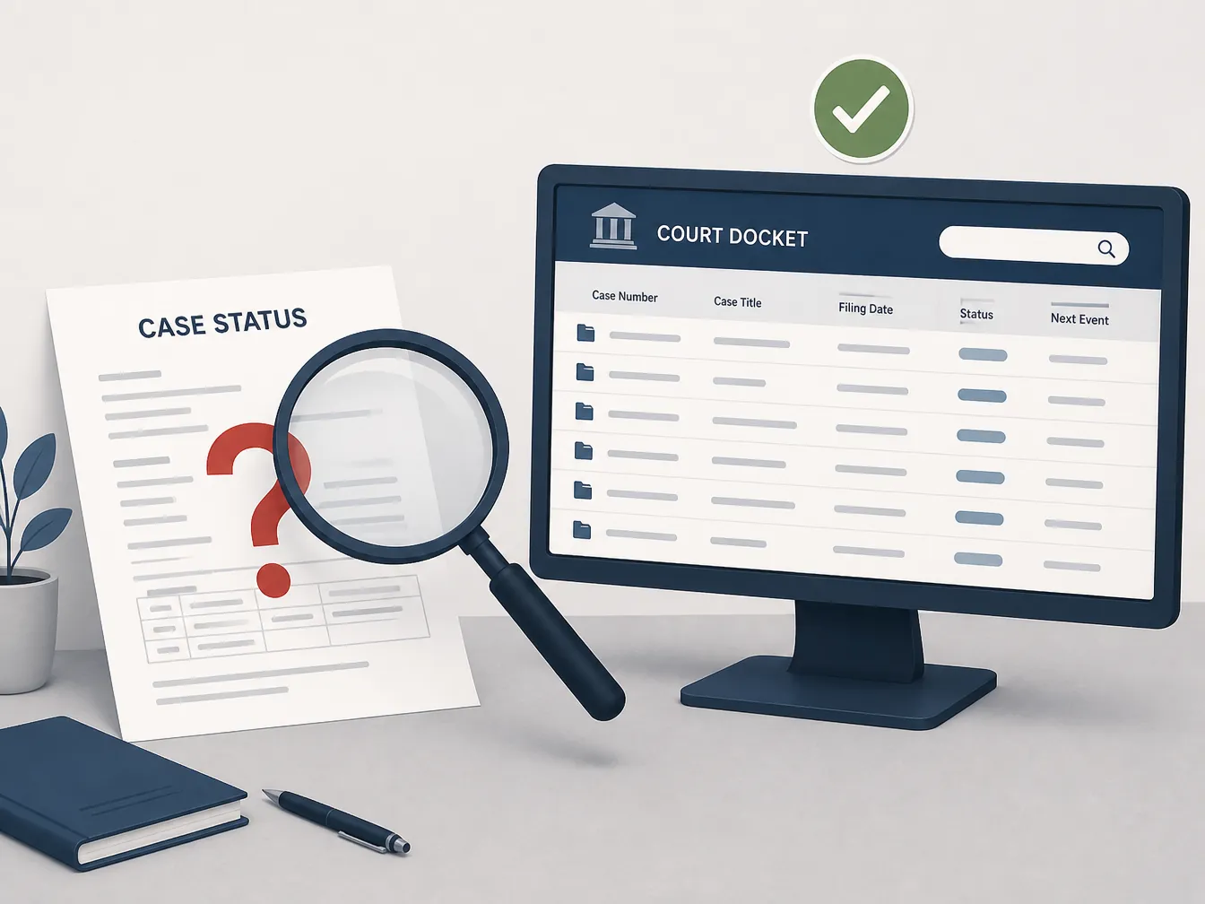 A case-status document with a red question mark being checked against a court-docket interface on a monitor