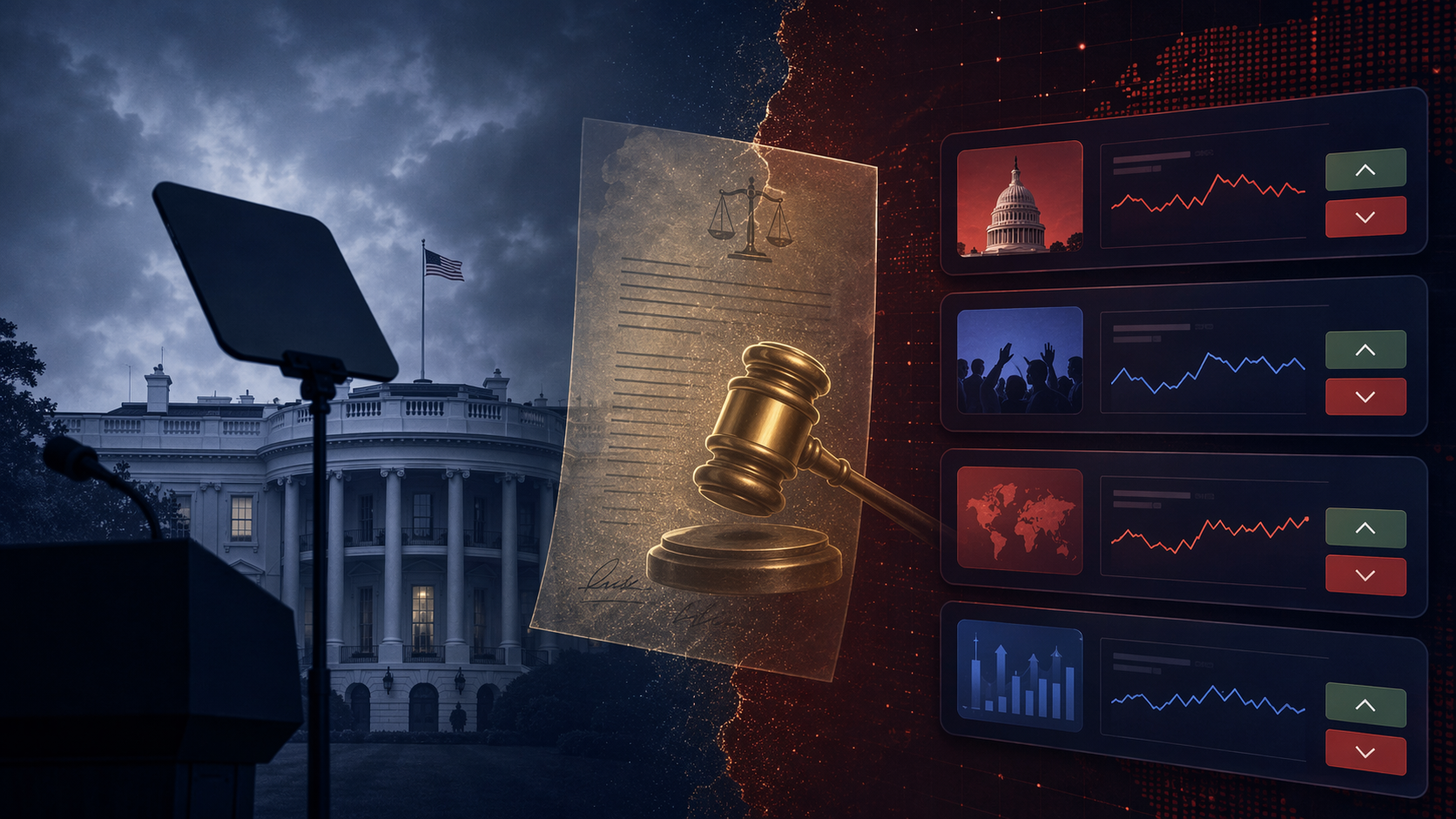 White House, teleprompter, prediction market interface, gavel, and legal document illustrating regulatory uncertainty