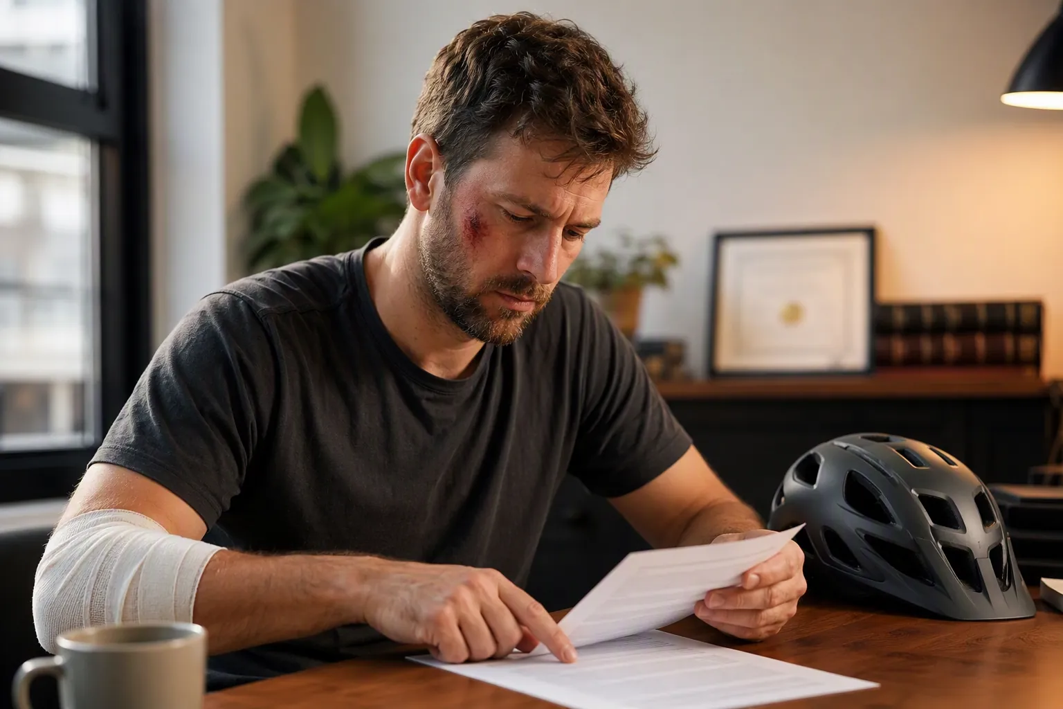 Bicycle accident victim carefully reading a legal document before signing