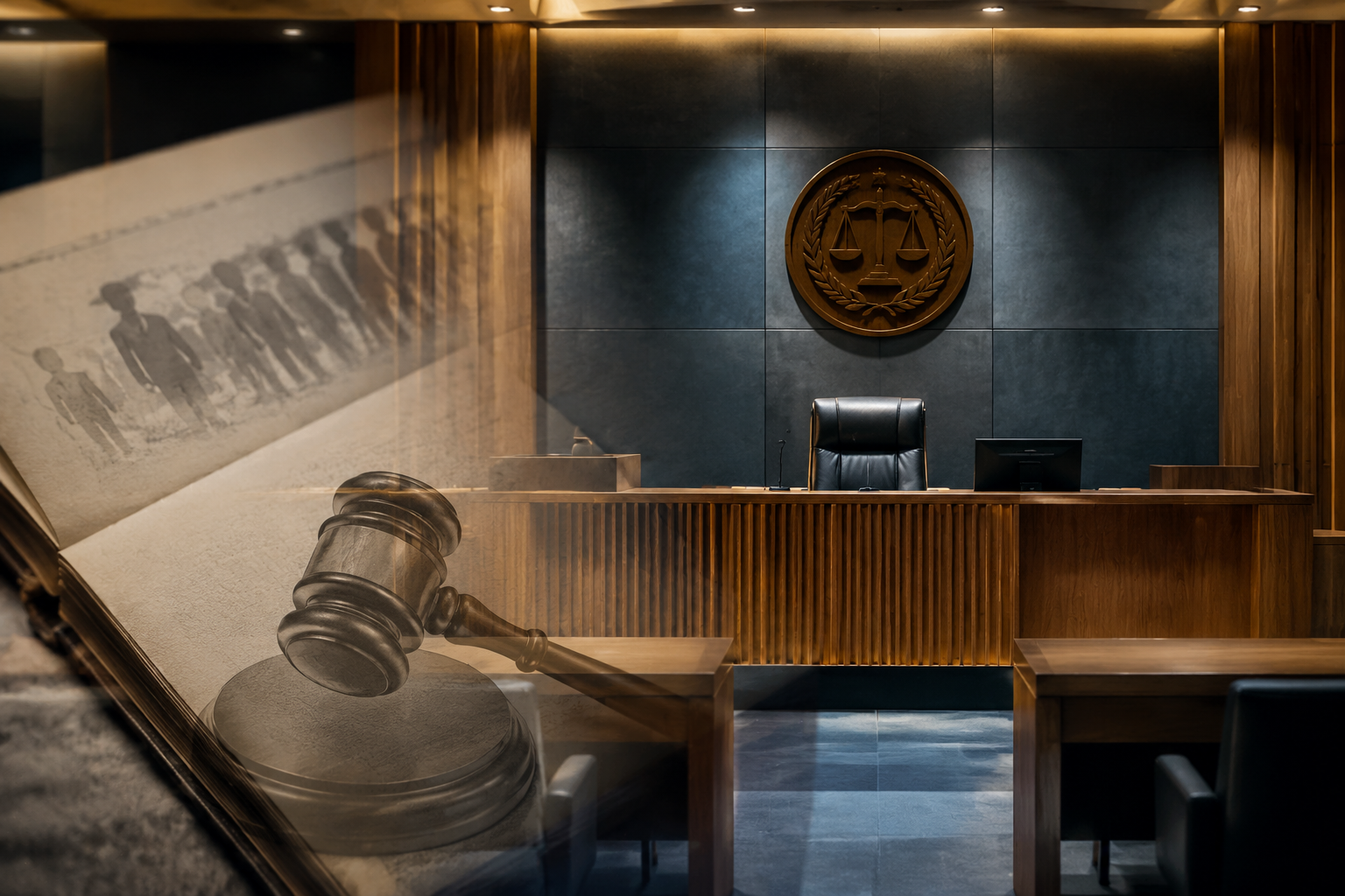 Courtroom scene showing a deportation order document transforming into a judicial gavel