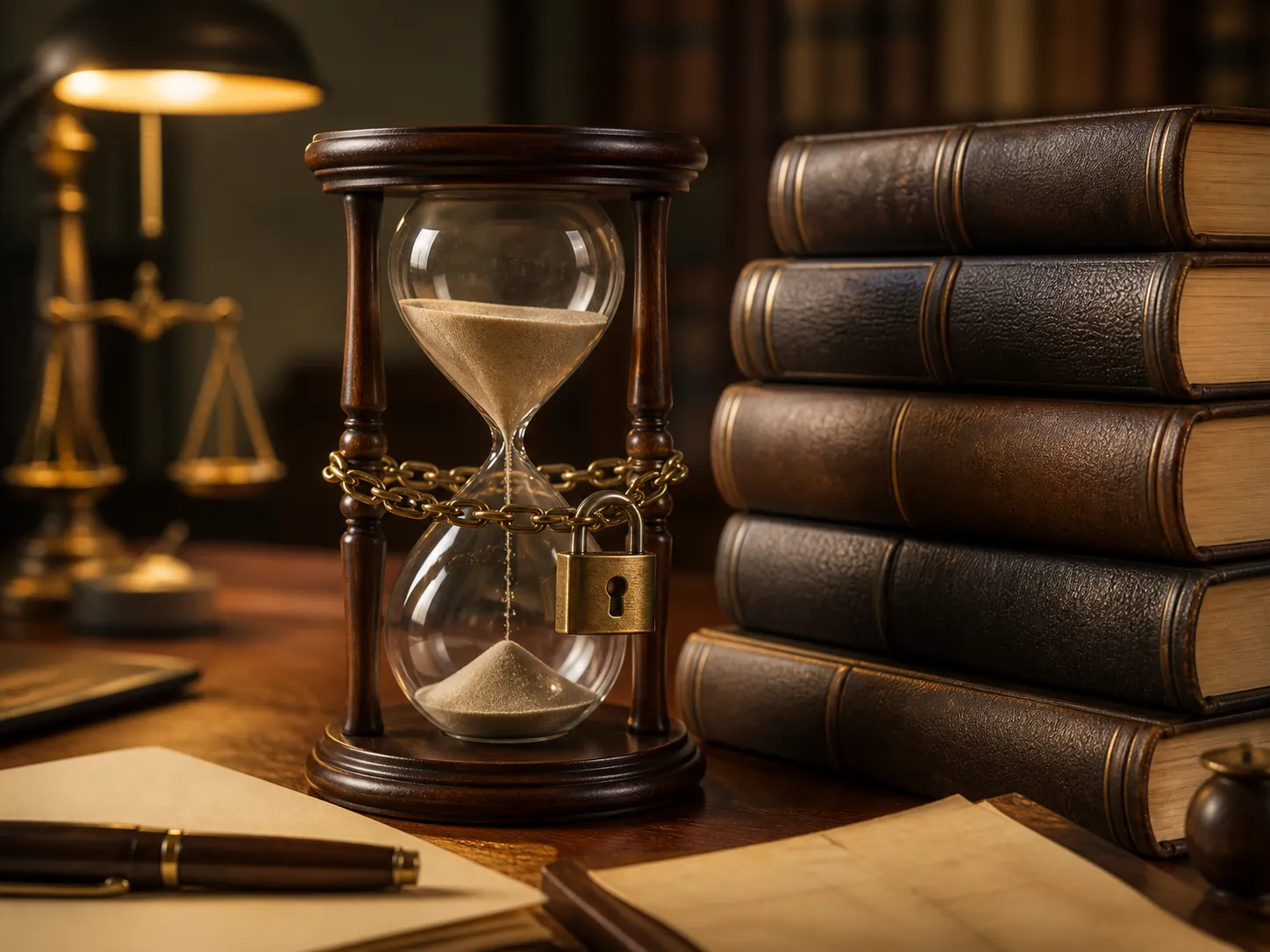 Hourglass on a law-office desk with sand frozen mid-fall and a padlock around it, representing a tolled statutory time limit