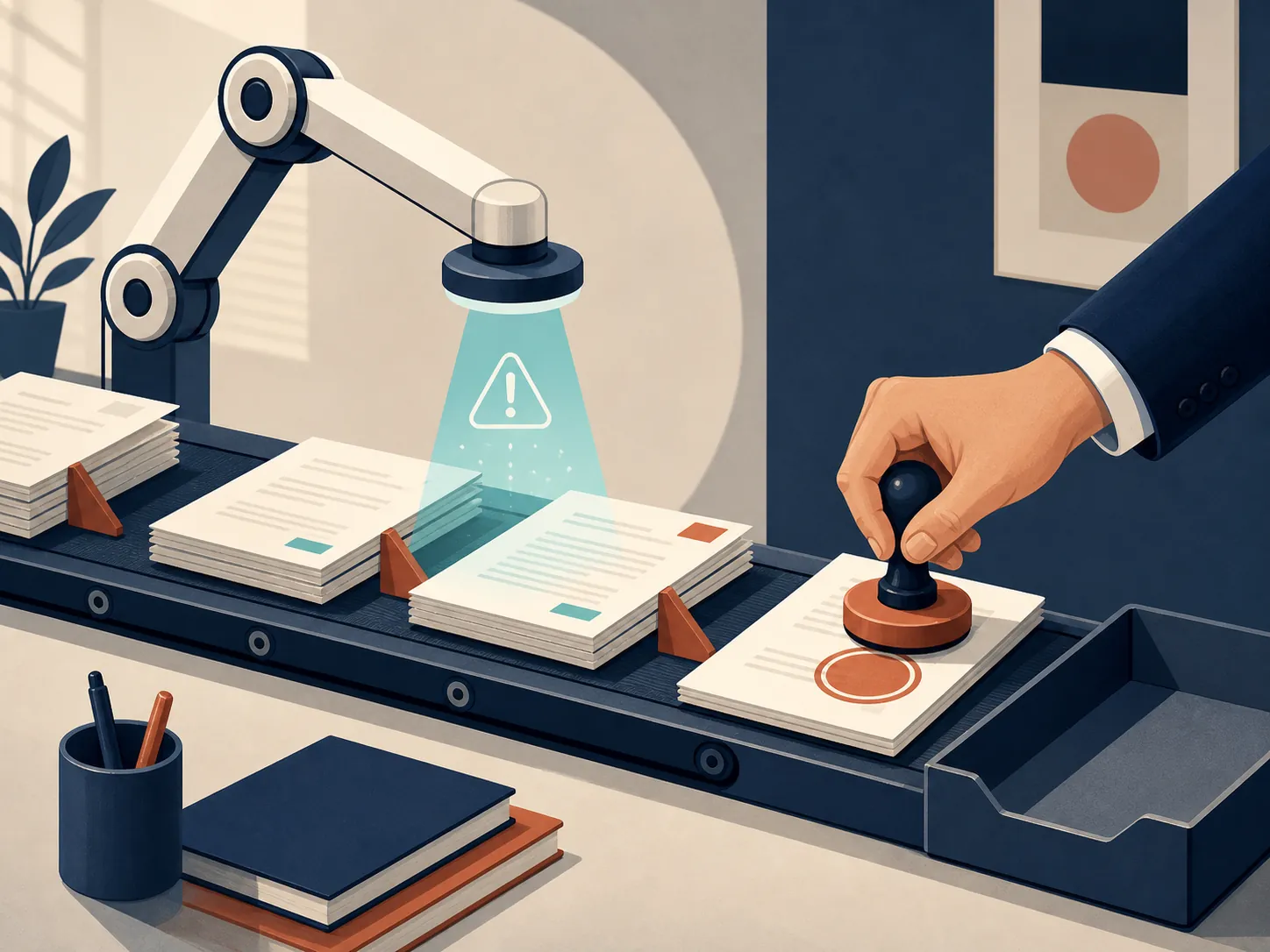 A human hand stamps verified on legal documents after an AI scanning step
