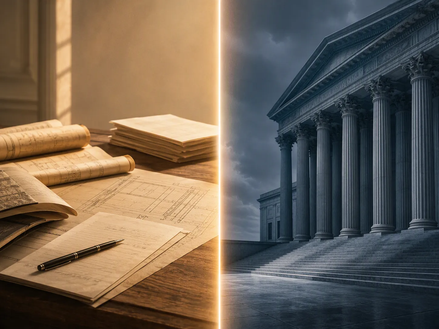 A drafting table on one side and courthouse columns on the other, separated by a threshold line