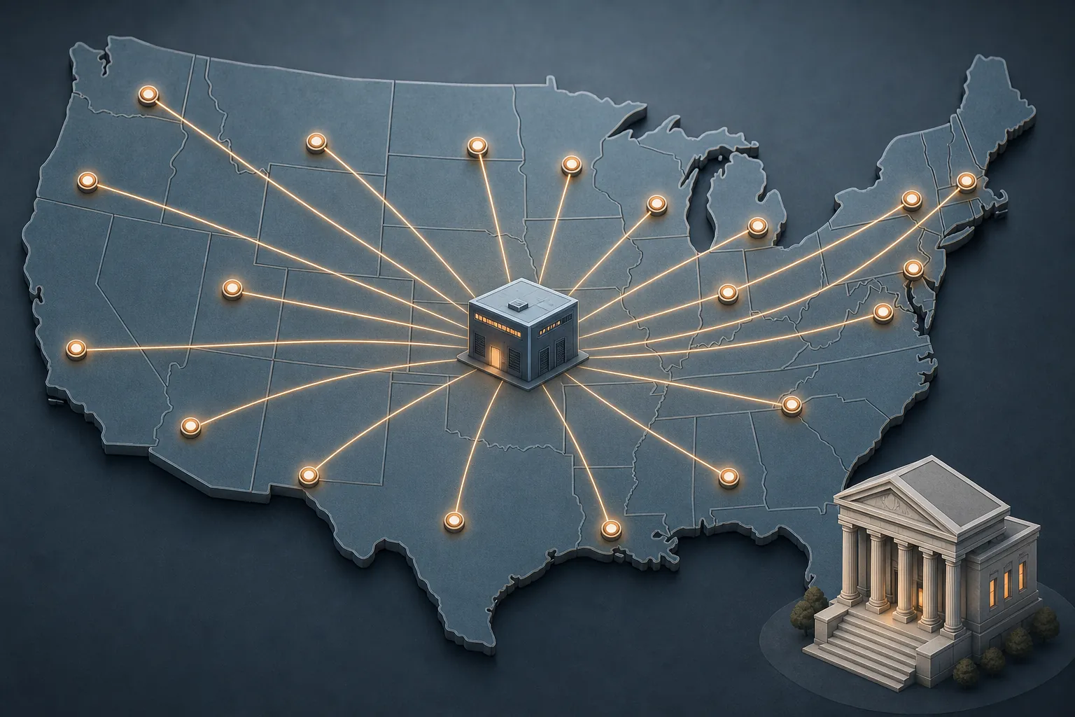 Map of the United States connecting data center, state capital, and courthouse icons