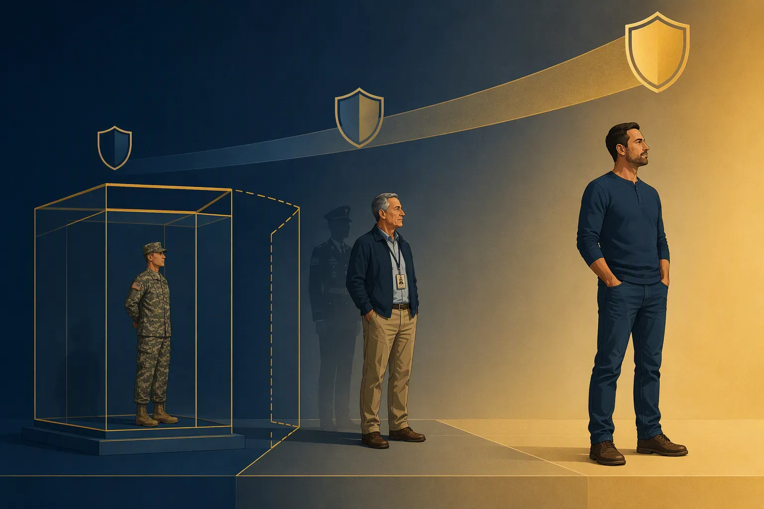 Spectrum showing active-duty members, military retirees, and separated veterans with increasing First Amendment protection