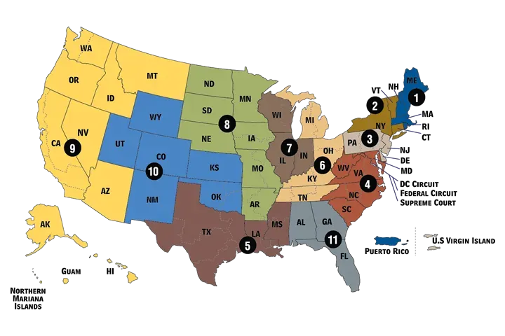 United States Courts map showing federal appellate circuits and district court boundaries