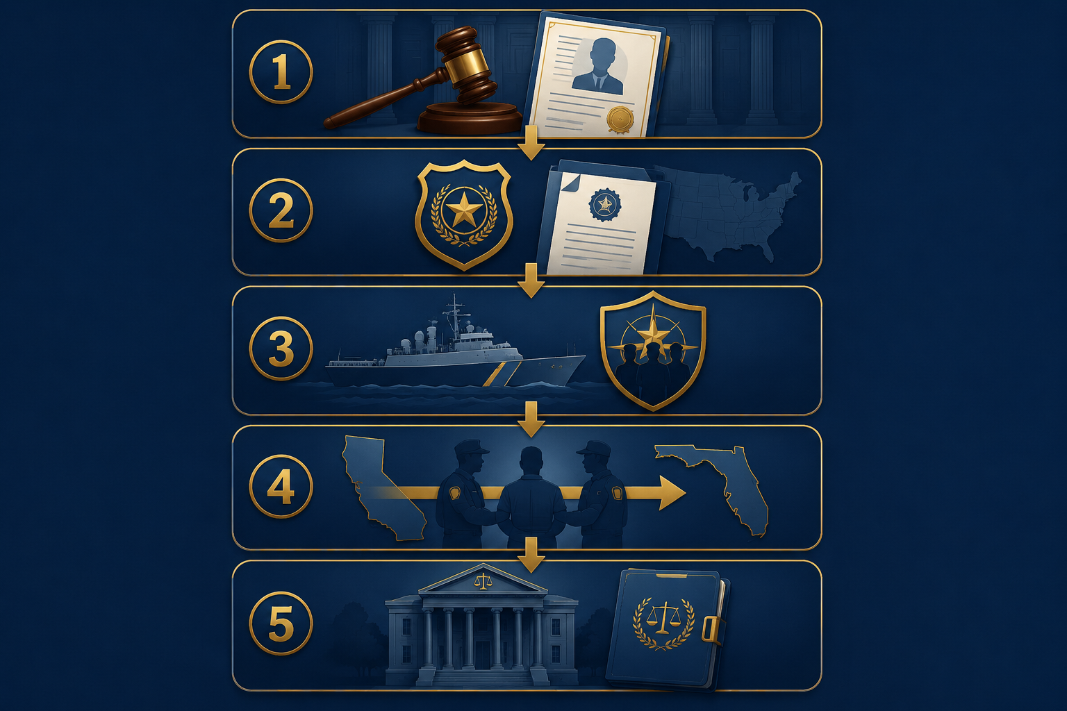 Five-stage workflow diagram from conviction to federal warrant, Coast Guard interception, interstate transfer, and courthouse processing