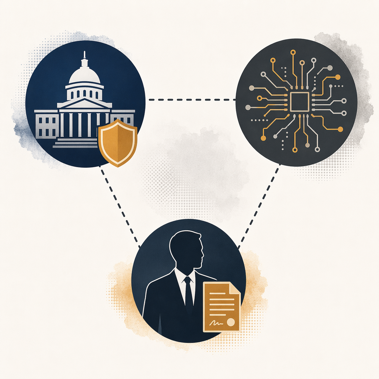 Infographic triangle connecting government, AI developer, and professional user liability nodes