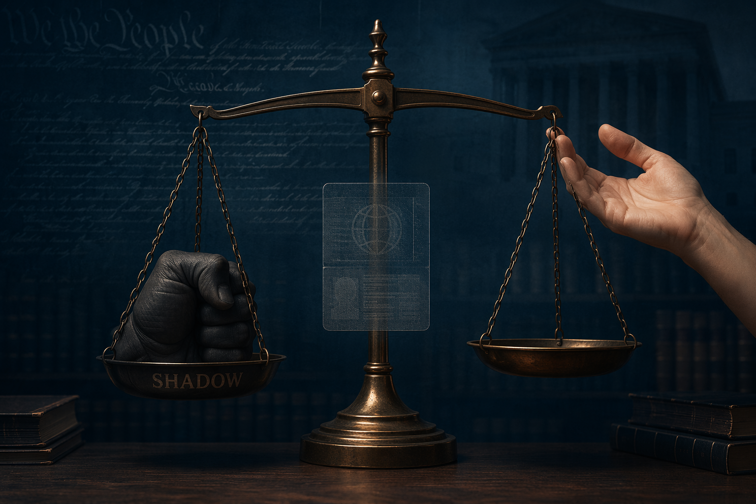 Unbalanced scales of justice with a fist, an open hand, and a faint passport document