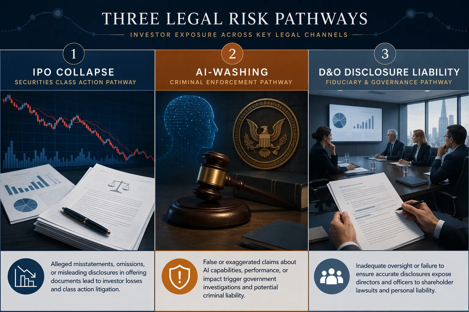 Three-column comparison of securities litigation, enforcement, and boardroom disclosure review pathways