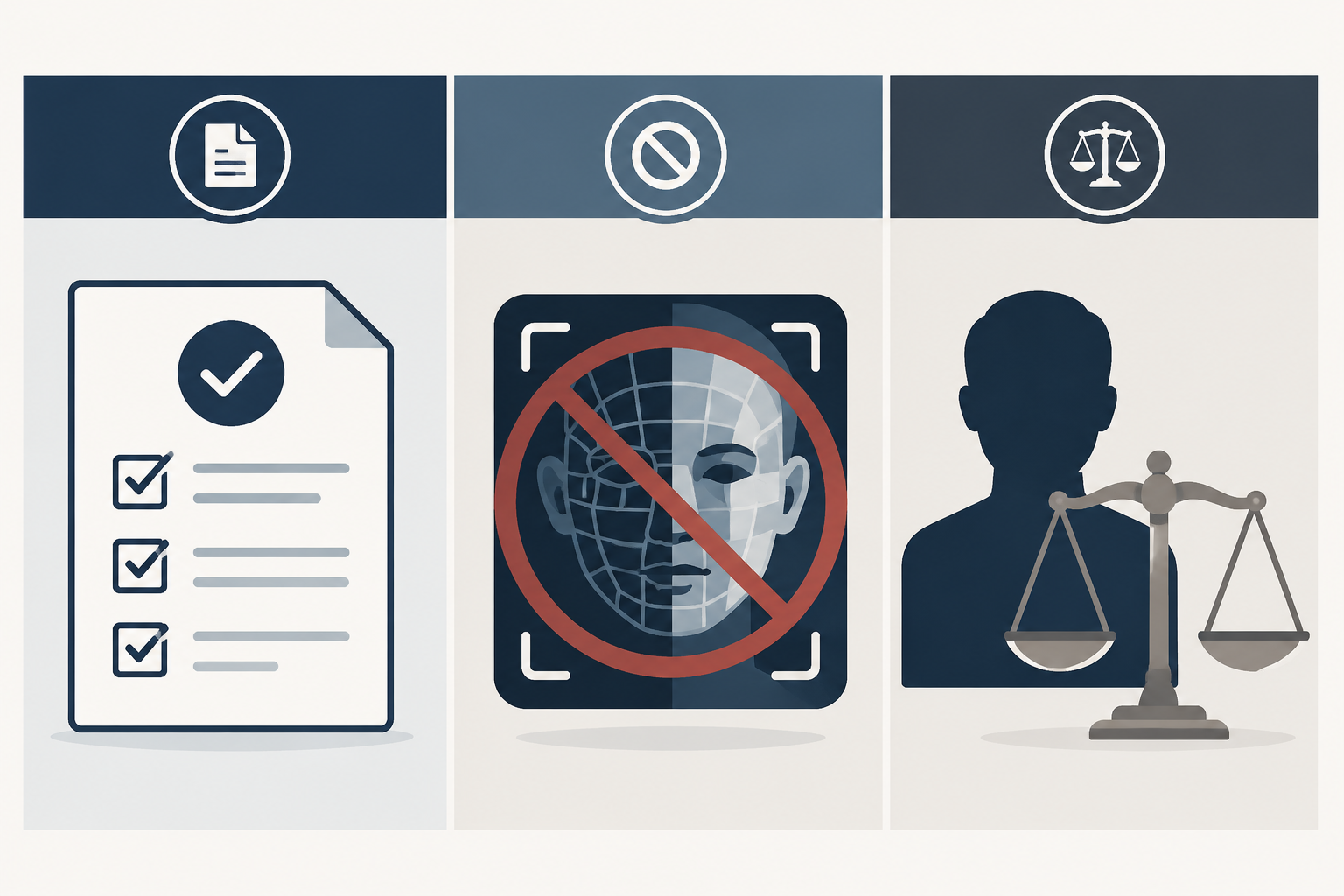 Three-column infographic showing disclaimer and labeling rules, outright bans, and right-of-publicity approaches
