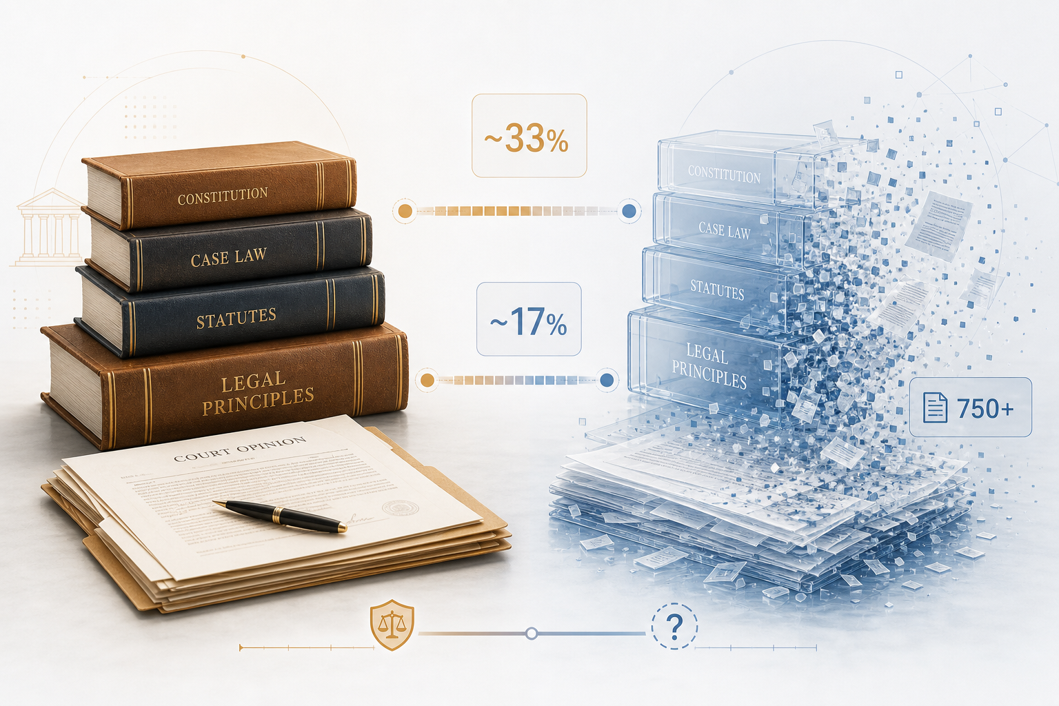 Conceptual illustration showing law books becoming fragmented with percentage badges reading ~33% and ~17% and a 750+ badge.