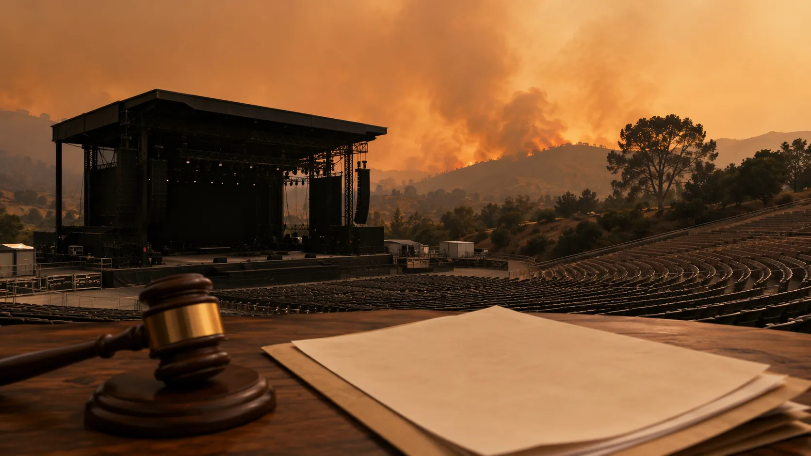 Empty outdoor concert amphitheater and stage under a hazy wildfire-smoke sky with a legal document and gavel in the foreground