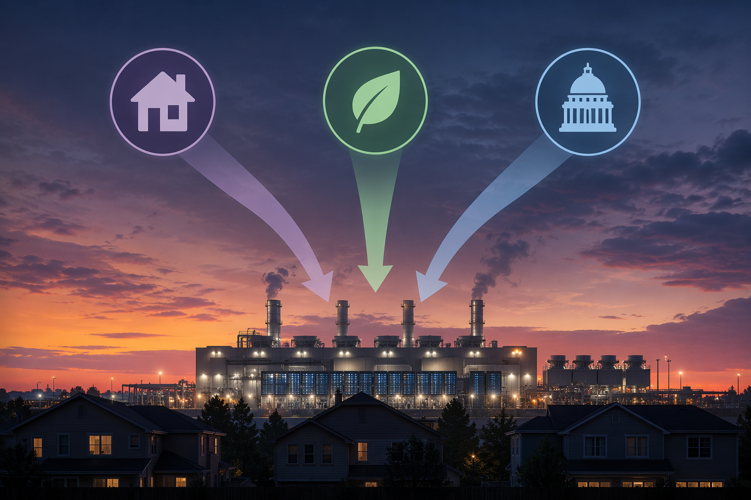 Editorial illustration of nuisance law, Clean Air Act enforcement, and federal national security preemption converging on an AI data center