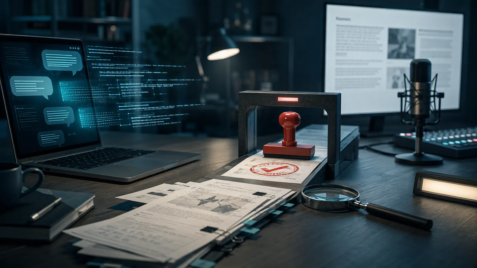 AI research notes moving from a laptop through a verification checkpoint toward a public script page