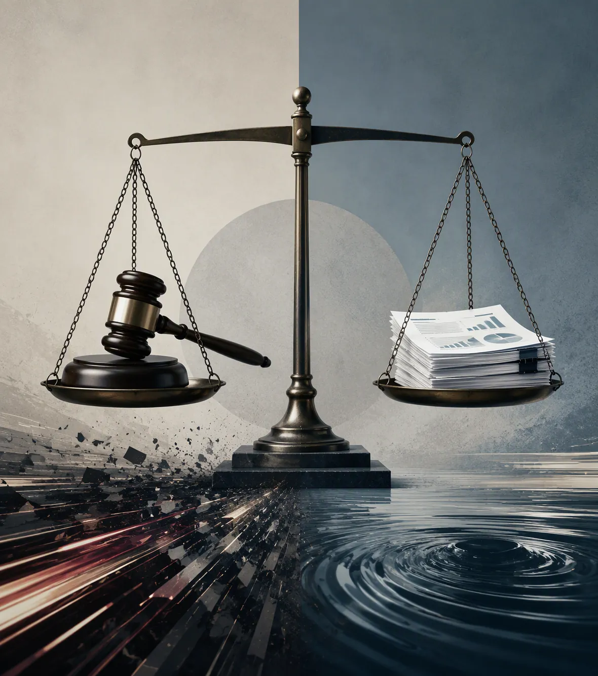 Judicial scale weighing a gavel against a risk score report over dark water ripples