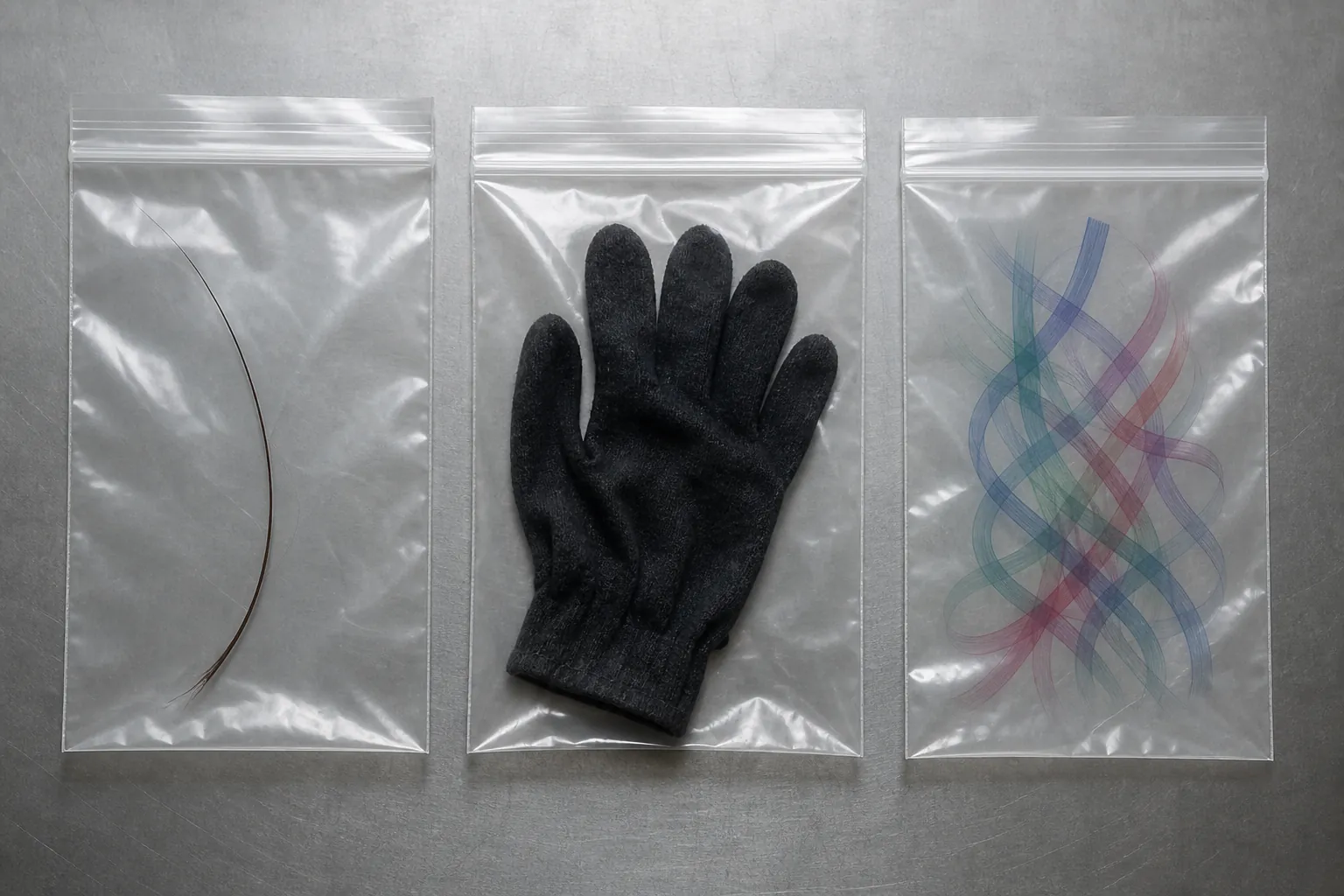 Three evidence pouches holding a hair strand, a glove, and overlapping strands representing a mixed DNA profile