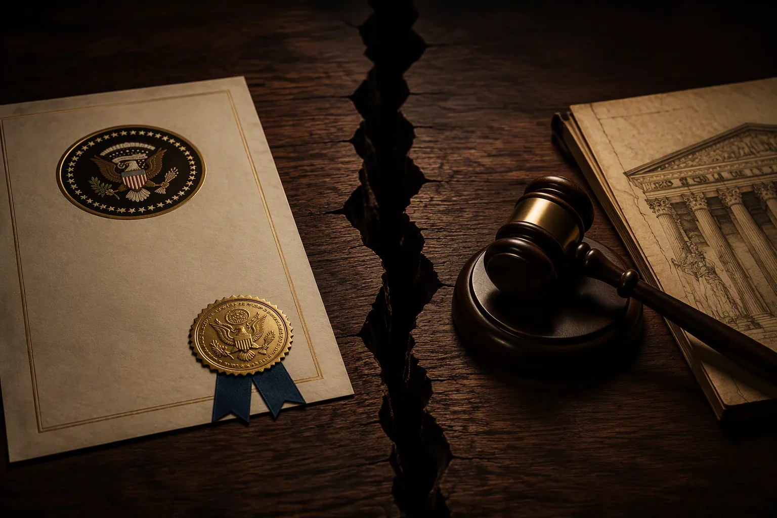 Presidential pardon document and seal separated from a gavel and Constitution by a dark fault line