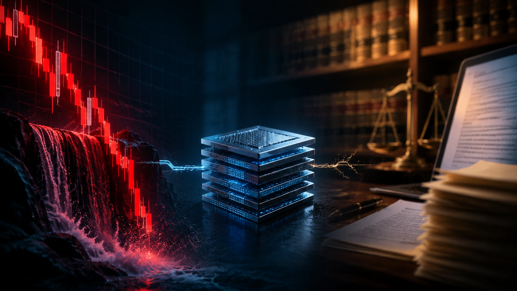 Red stock chart crash connected to stacked HBM memory chips and a law office contract screen