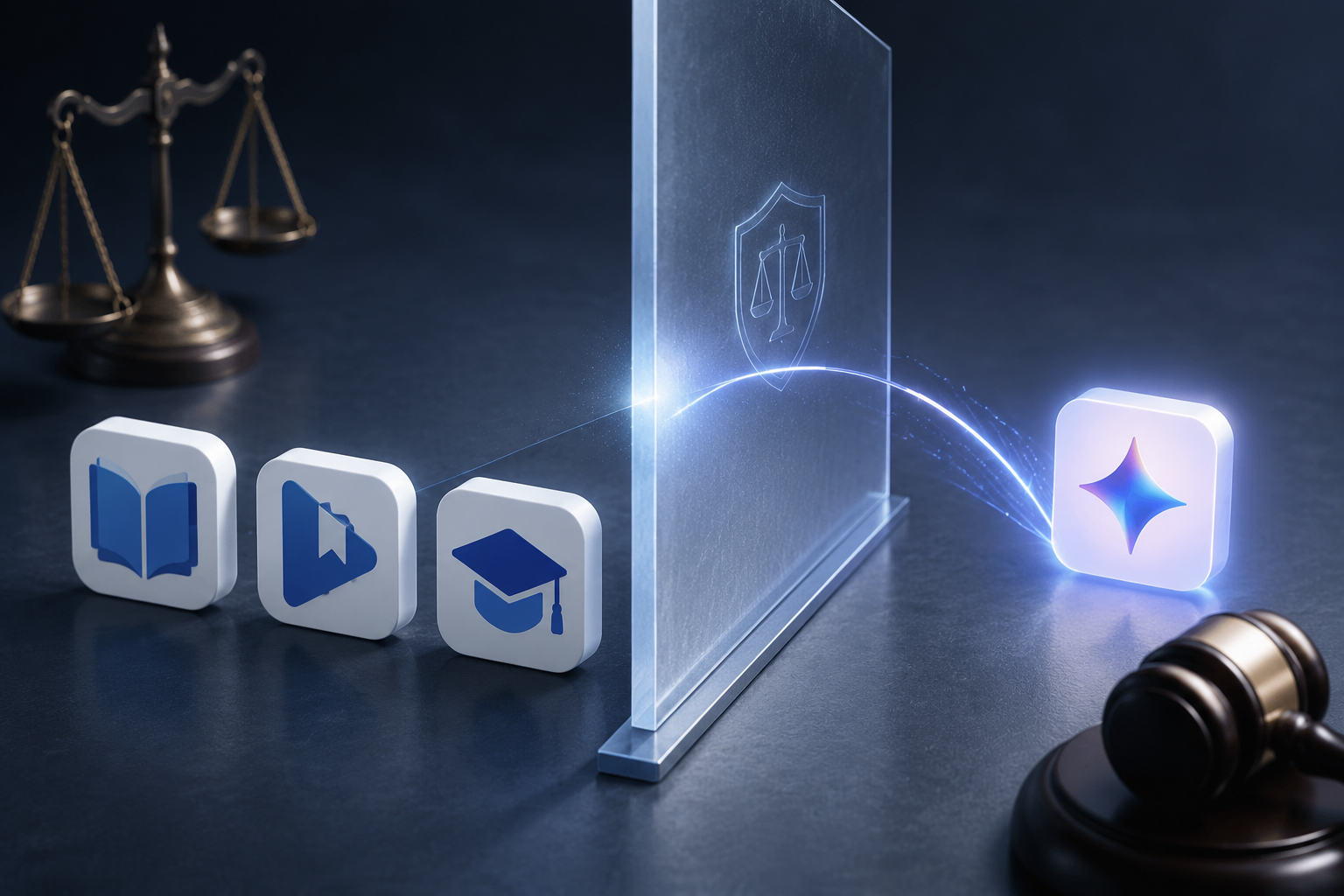 Google Books, Google Play Books, and Google Scholar shown as separate platform zones behind a legal barrier with an abstract AI icon crossing it
