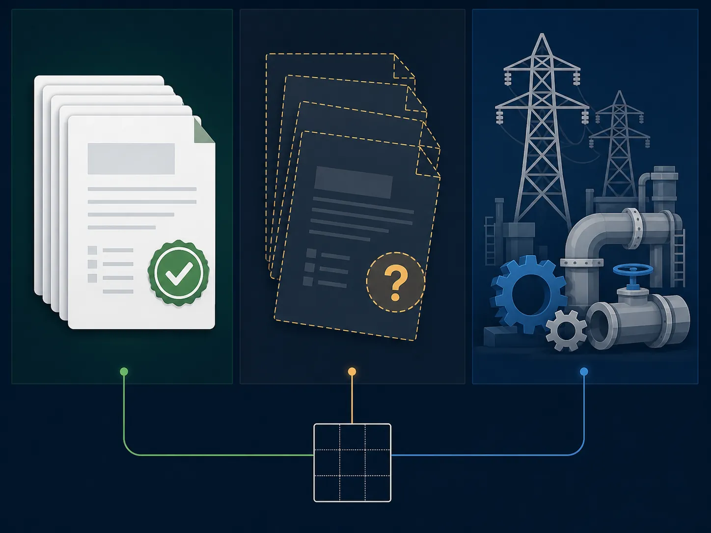 Three columns showing verified records, reported claims, and infrastructure obligations