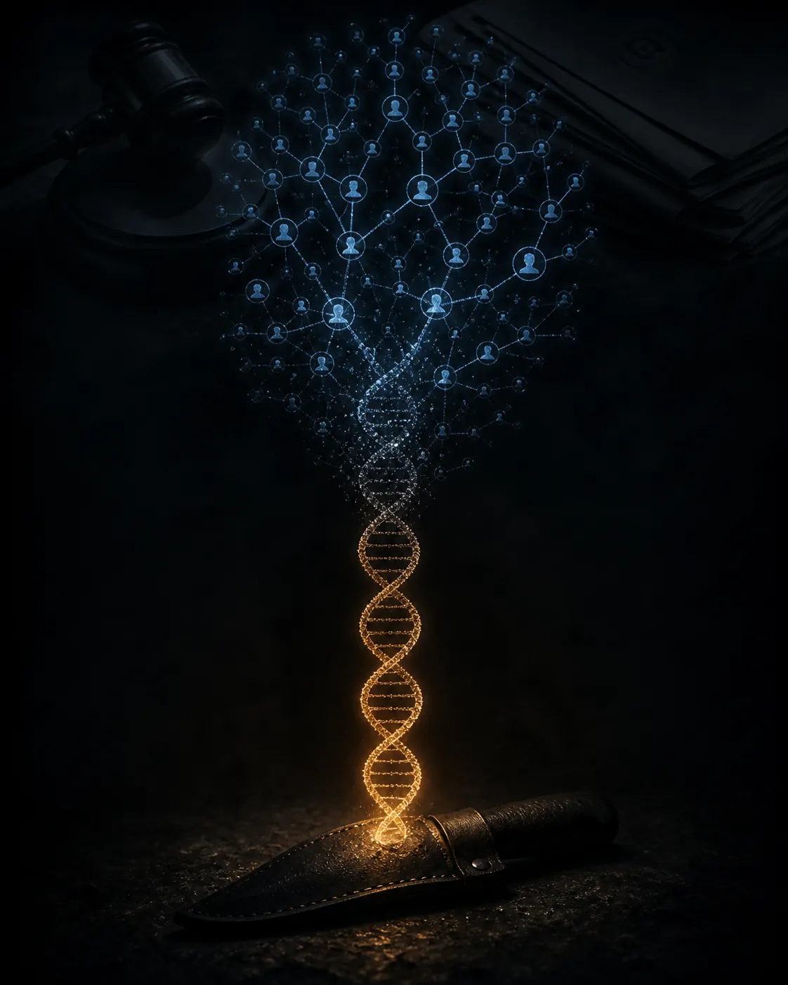 Knife-sheath silhouette with DNA transforming into a genealogical network and legal-document forms