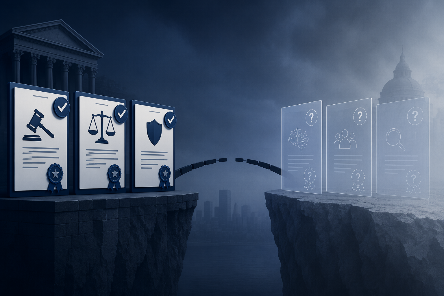 Solid enforceable legal documents contrasted with translucent advisory guidelines across a broken bridge